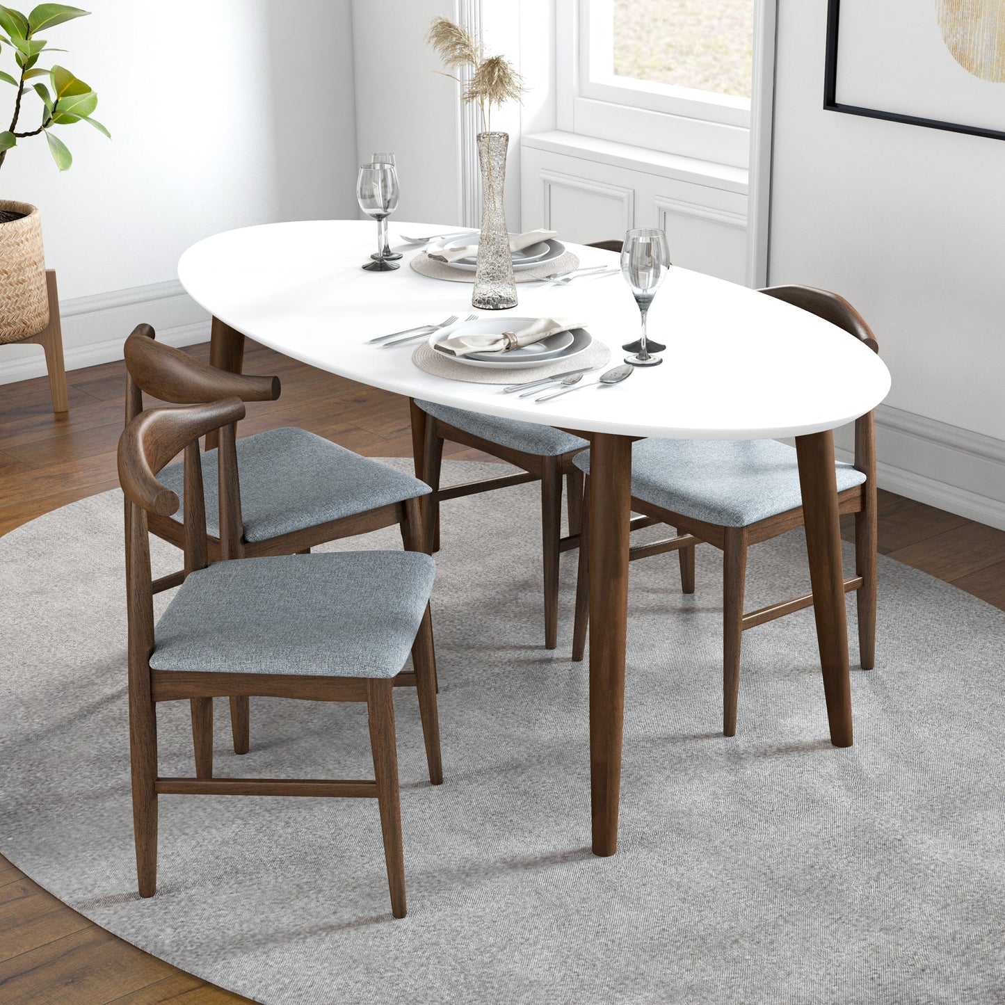 Rixos (White) Oval Dining Set with 4 Winston (Grey) Dining Chairs