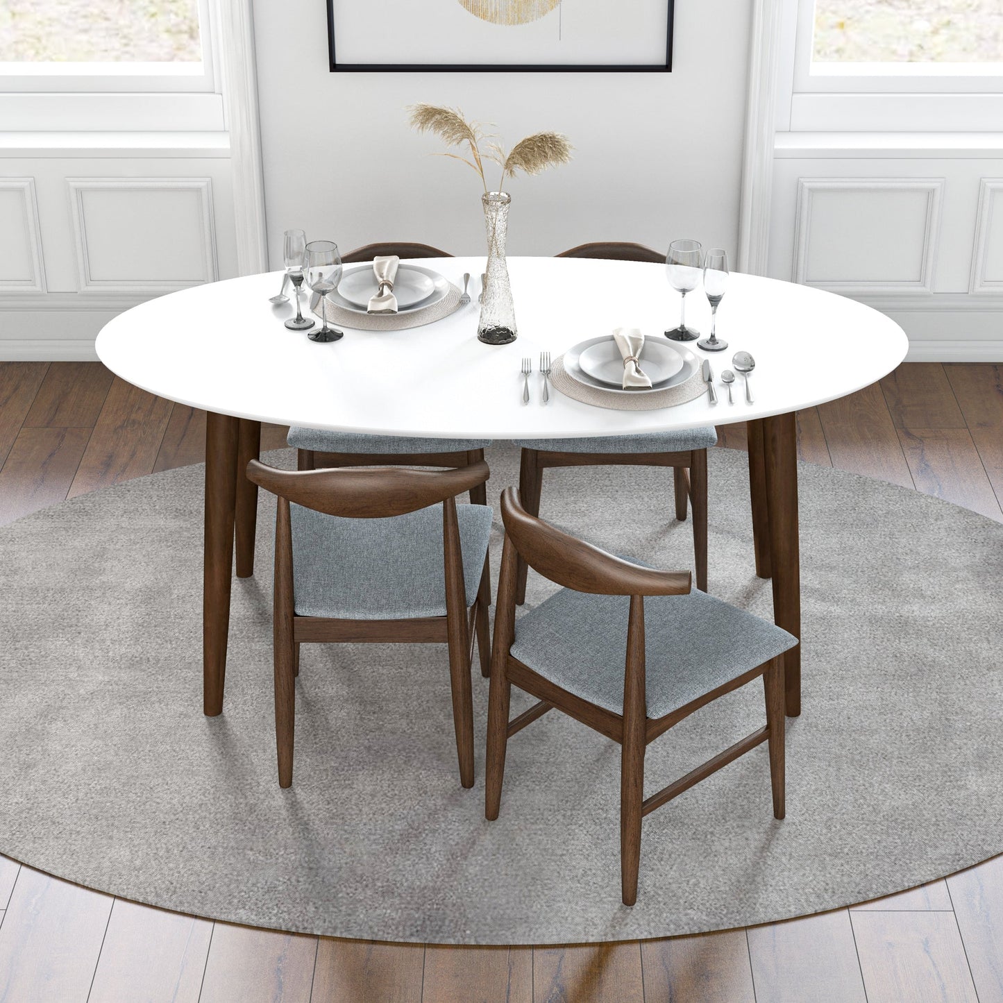Rixos (White) Oval Dining Set with 4 Winston (Grey) Dining Chairs