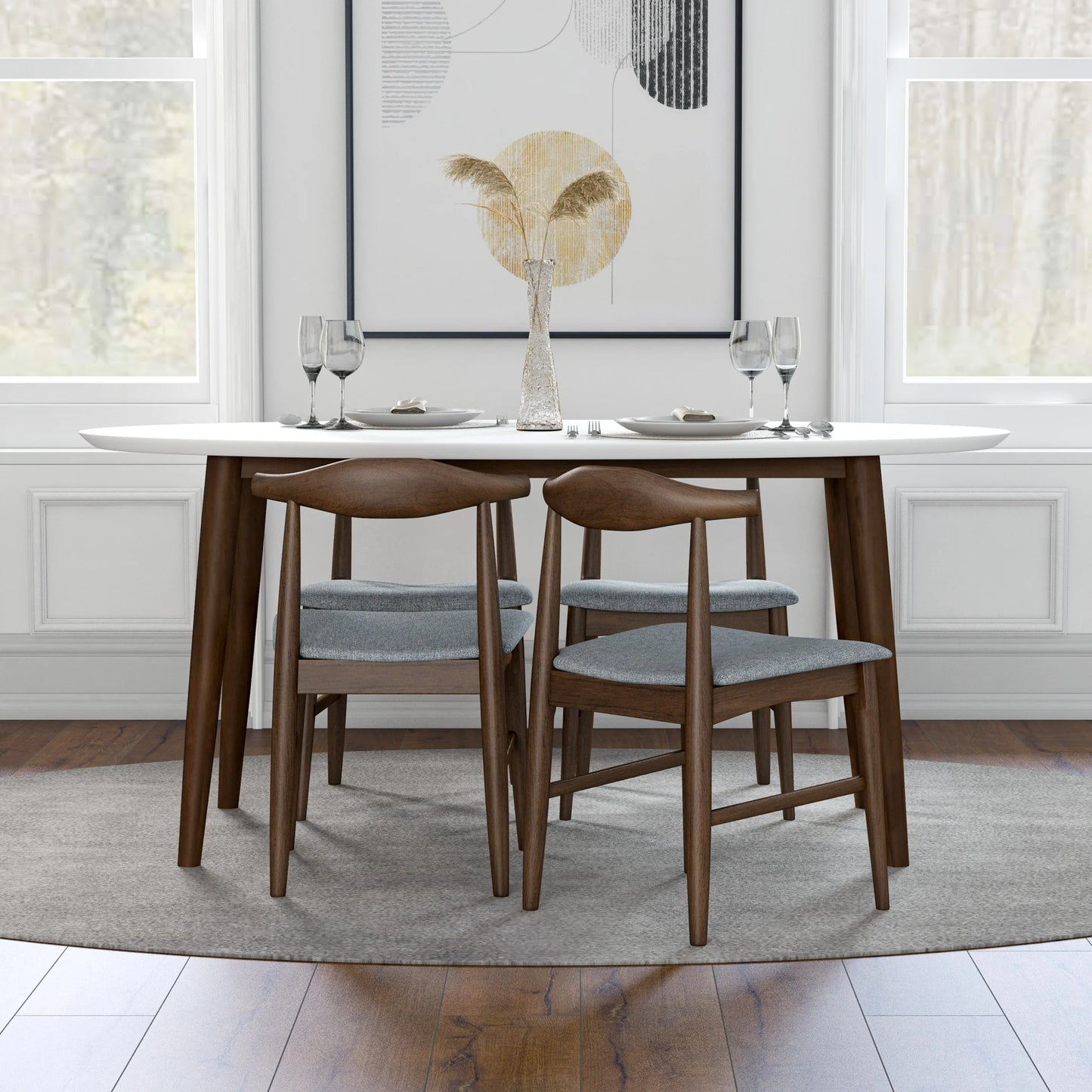 Rixos (White) Oval Dining Set with 4 Winston (Grey) Dining Chairs