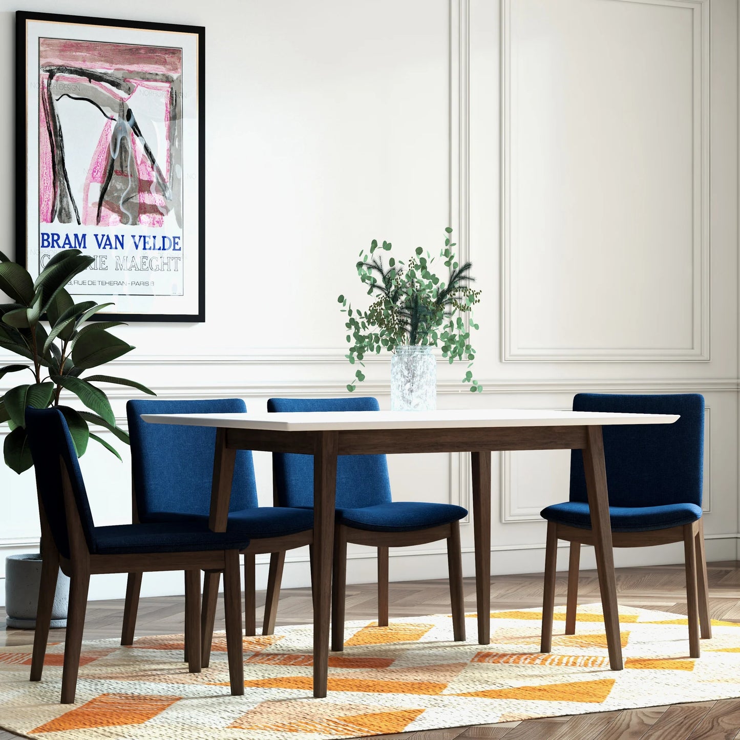 Adira (Small - White) Dining Set with 4 Virginia (Dark Blue) Dining Chairs