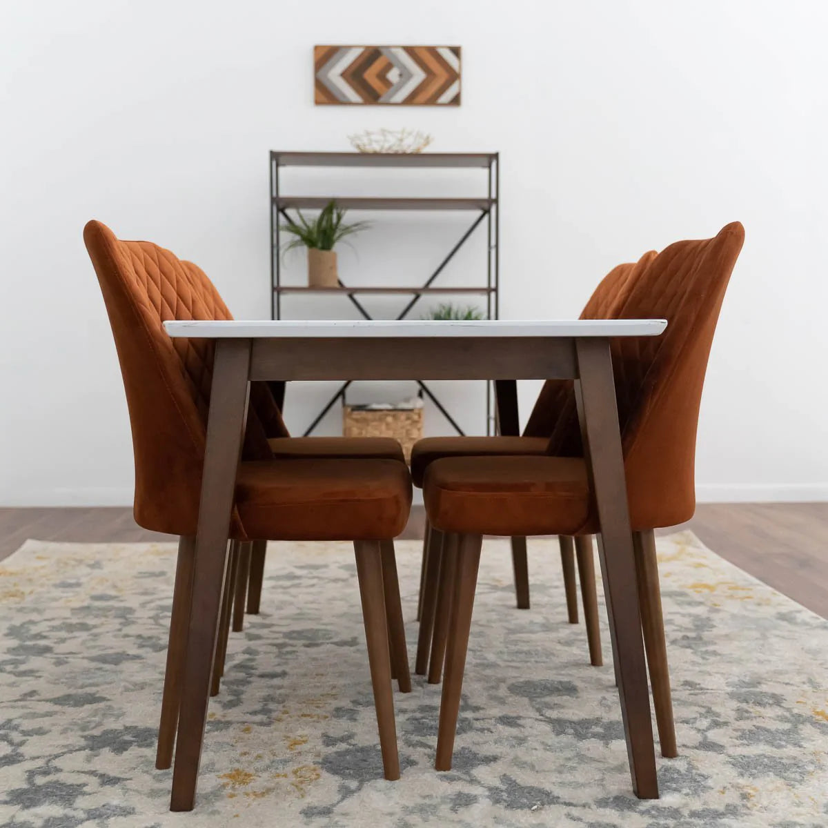 Alpine (Small-White Top) Dining Set with 4 Evette Orange Dining Chairs