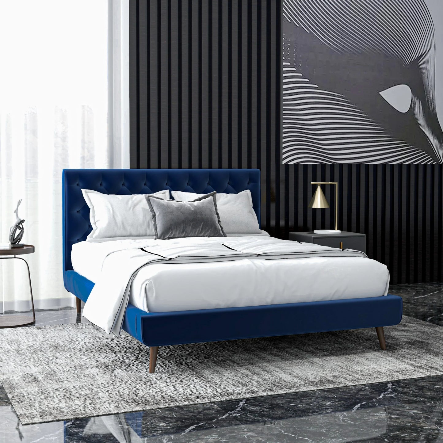 Ashley Platform Bed - Navy Blue Velvet