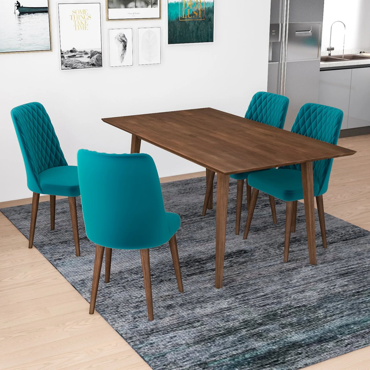 Alpine (Large - Walnut) Dining Set with 4 Evette (Teal Velvet) Dining Chairs