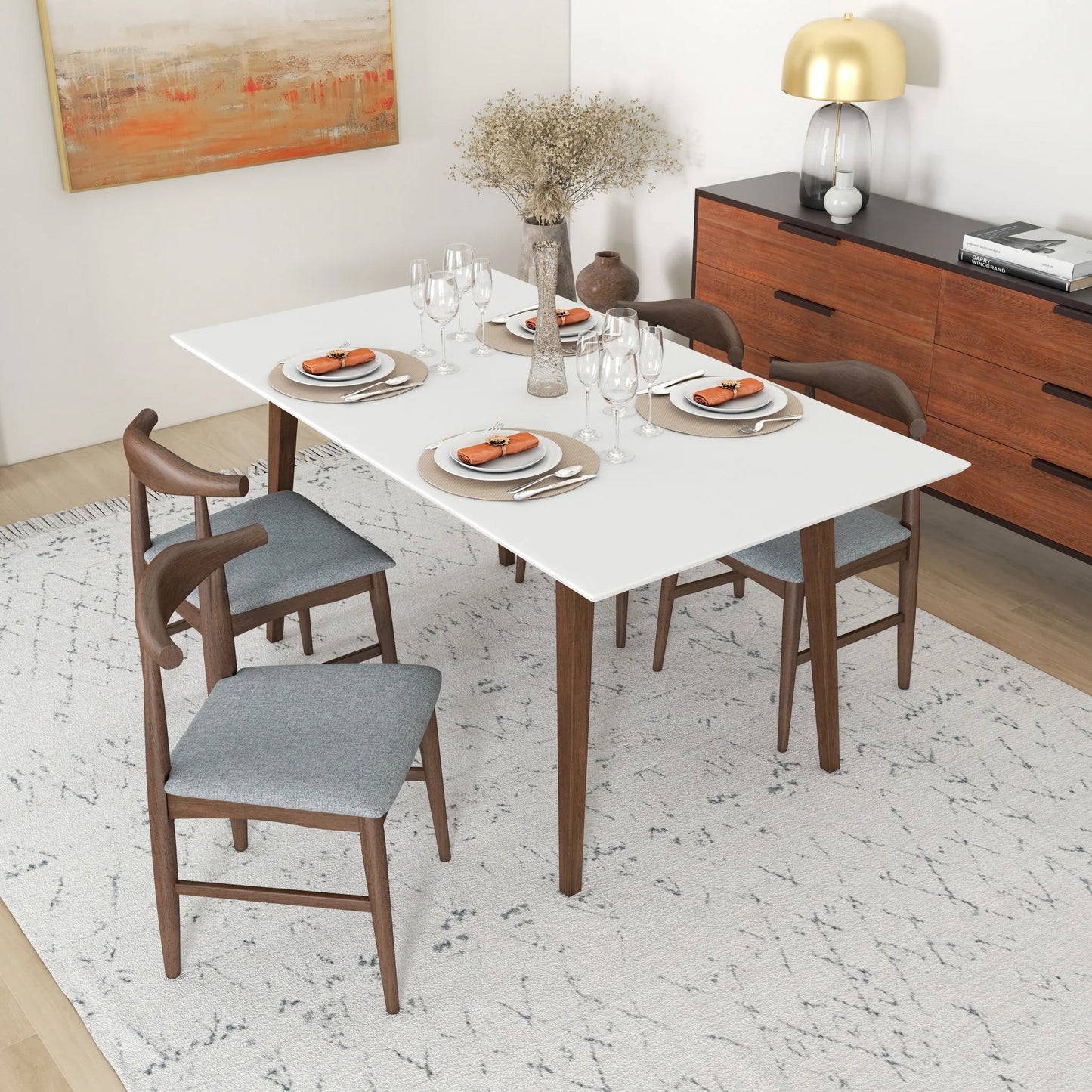Alpine (Large - White) Dining Set with 4 Winston (Gray) Dining Chairs