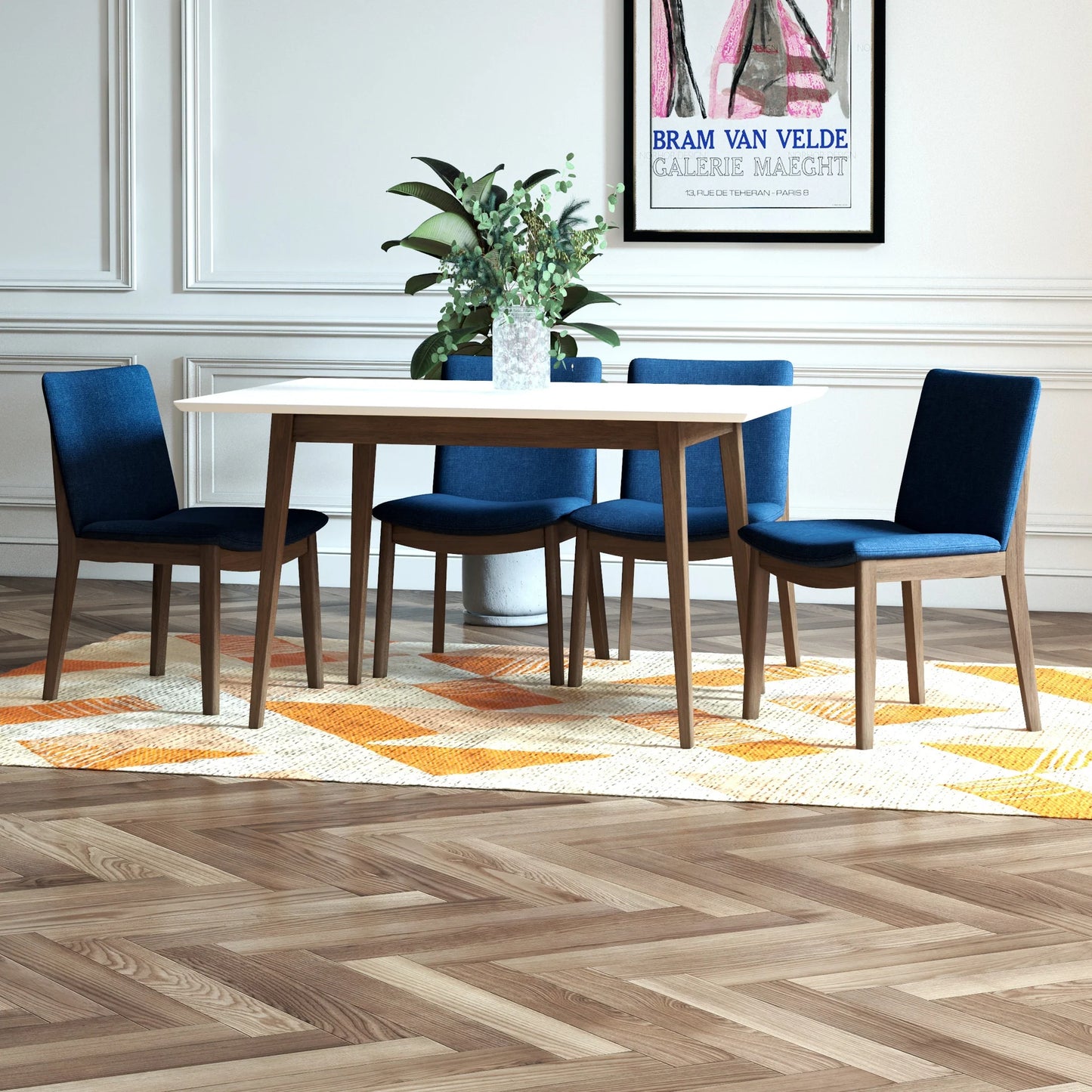 Adira (Small - White) Dining Set with 4 Virginia (Dark Blue) Dining Chairs