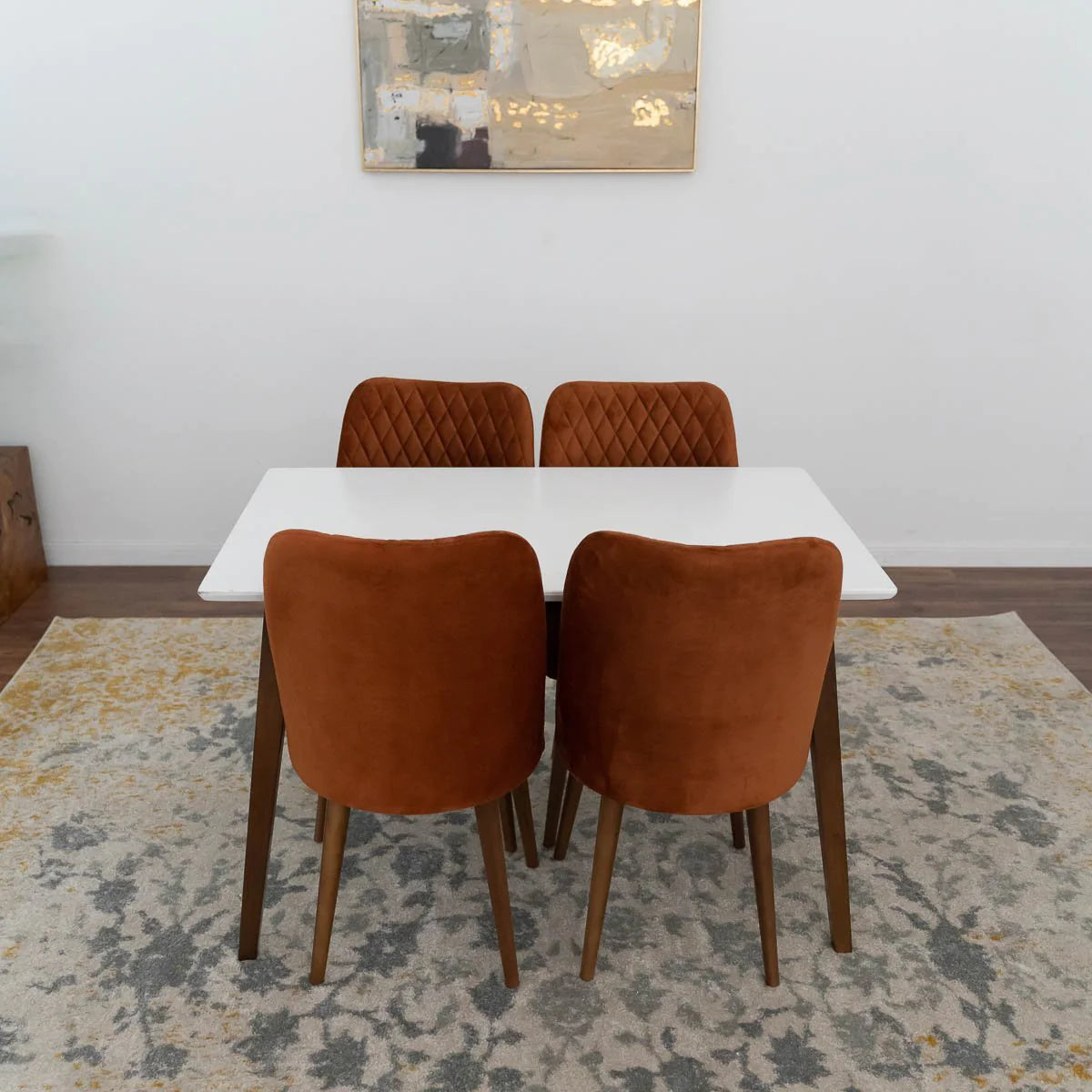 Alpine (Small-White Top) Dining Set with 4 Evette Orange Dining Chairs