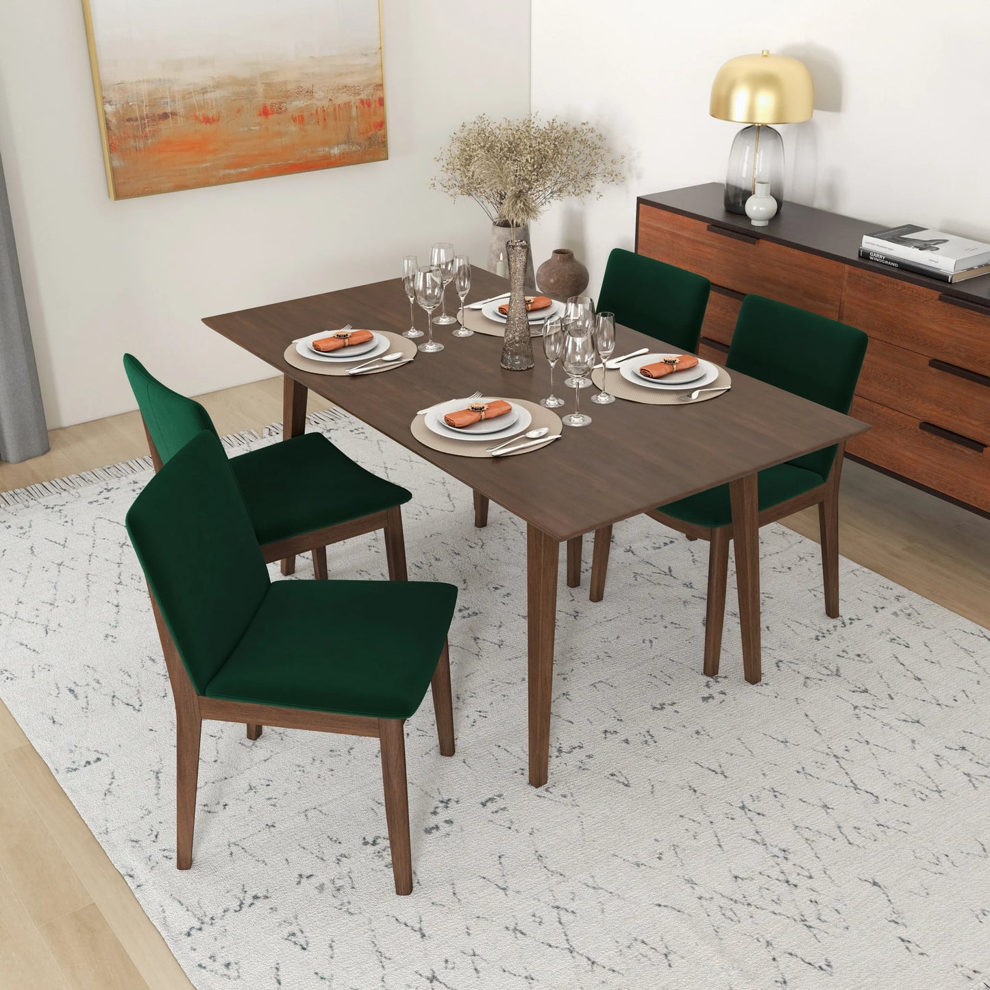 Alpine (Large - Walnut) Dining Set with 4 Virginia (Green Velvet) Dining Chairs
