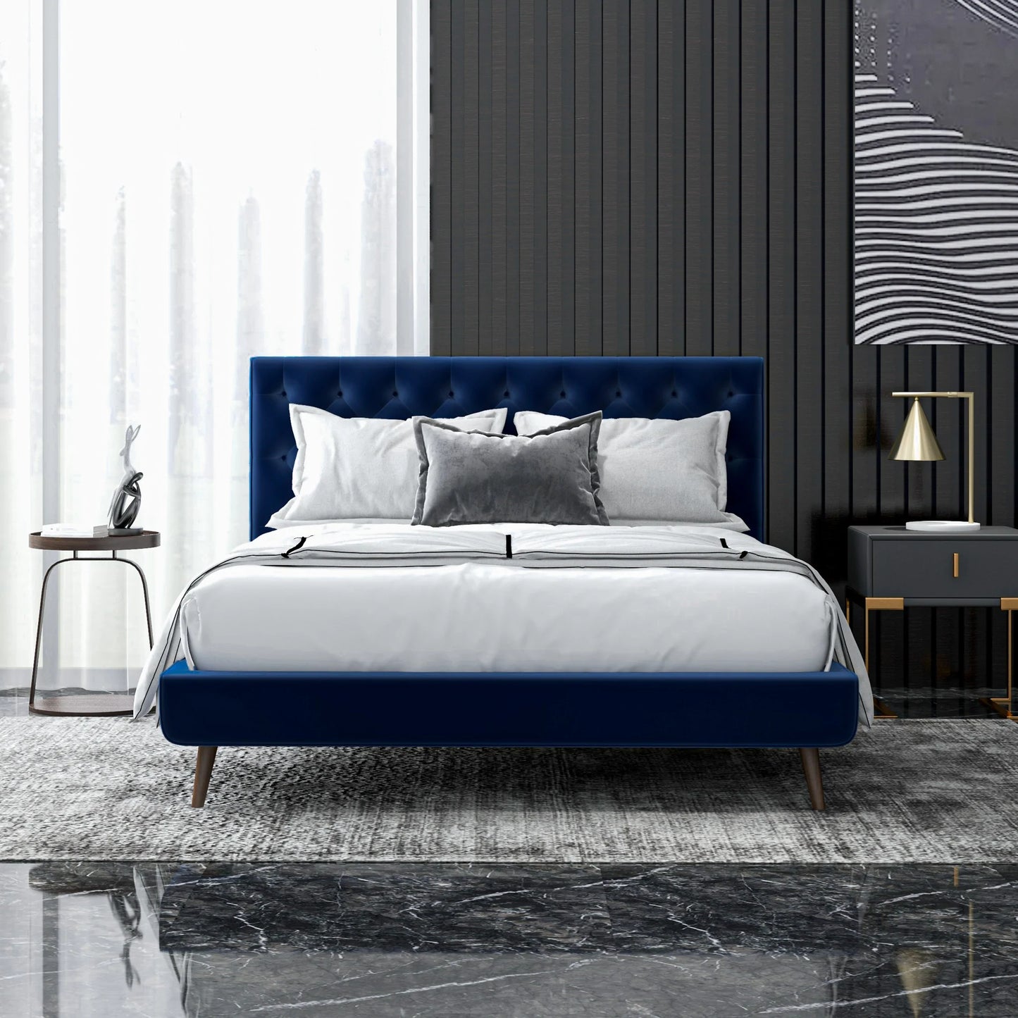 Ashley Platform Bed - Navy Blue Velvet
