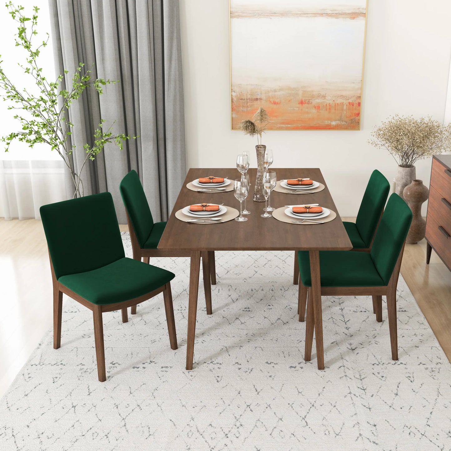 Alpine (Large - Walnut) Dining Set with 4 Virginia (Green Velvet) Dining Chairs