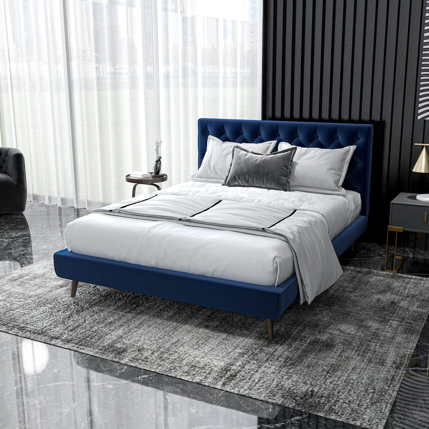 Ashley Platform Bed - Navy Blue Velvet
