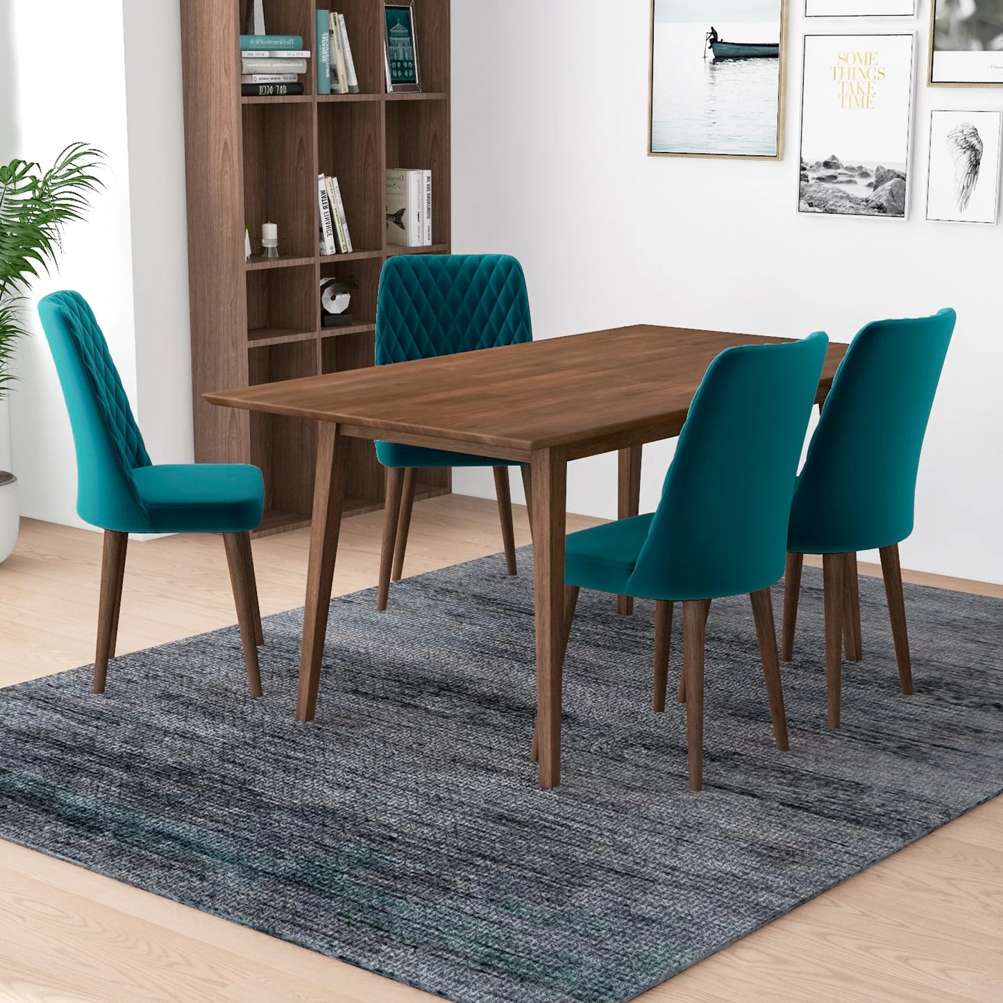 Alpine (Large - Walnut) Dining Set with 4 Evette (Teal Velvet) Dining Chairs