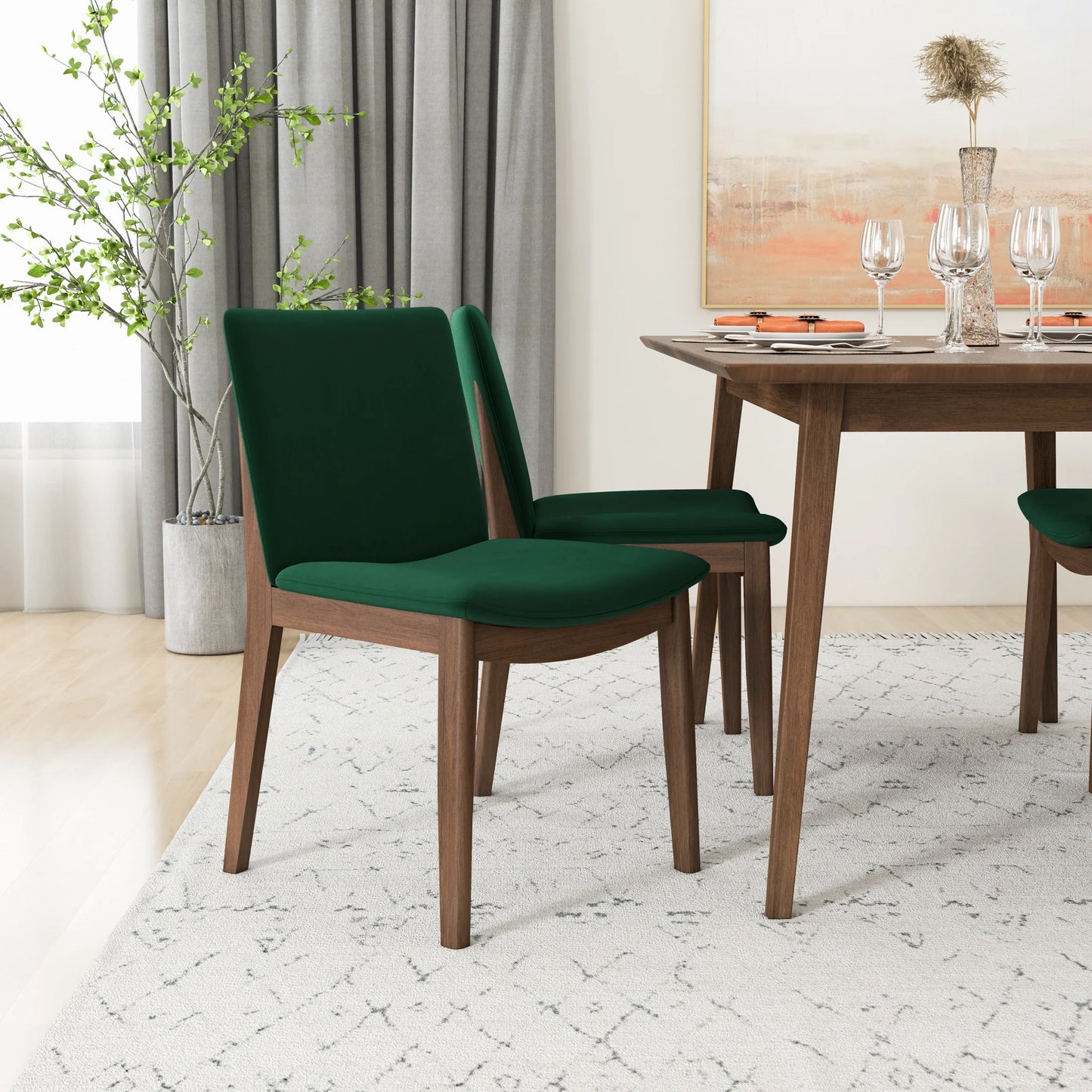 Alpine (Large - Walnut) Dining Set with 4 Virginia (Green Velvet) Dining Chairs