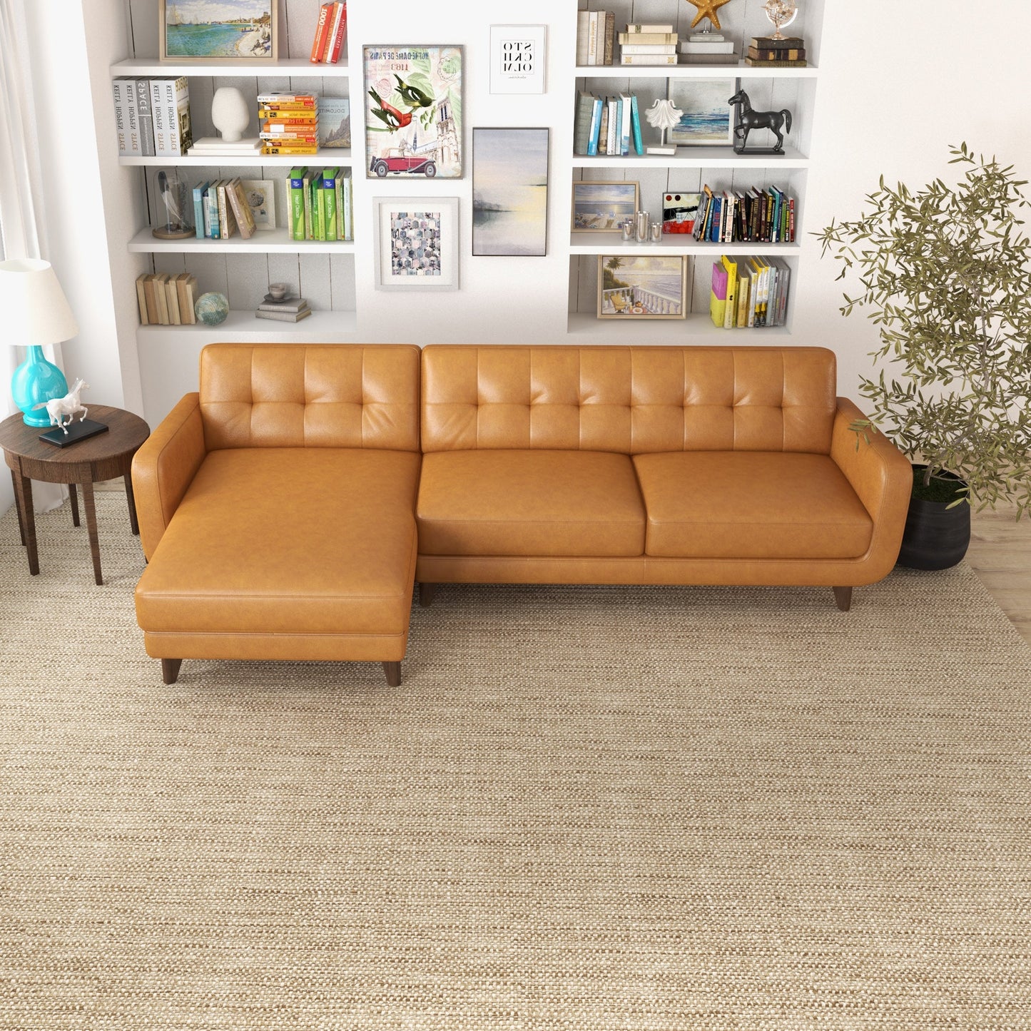 Cassie Tan Leather Sectional Sofa Left Facing Chaise