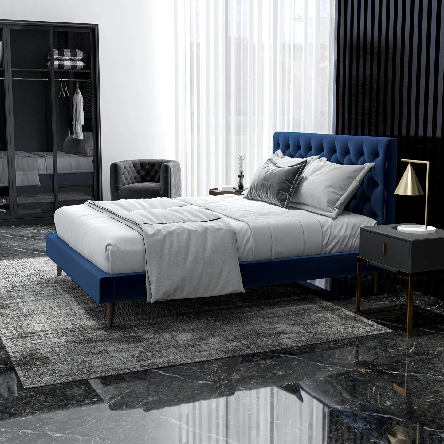 Ashley Platform Bed - Navy Blue Velvet