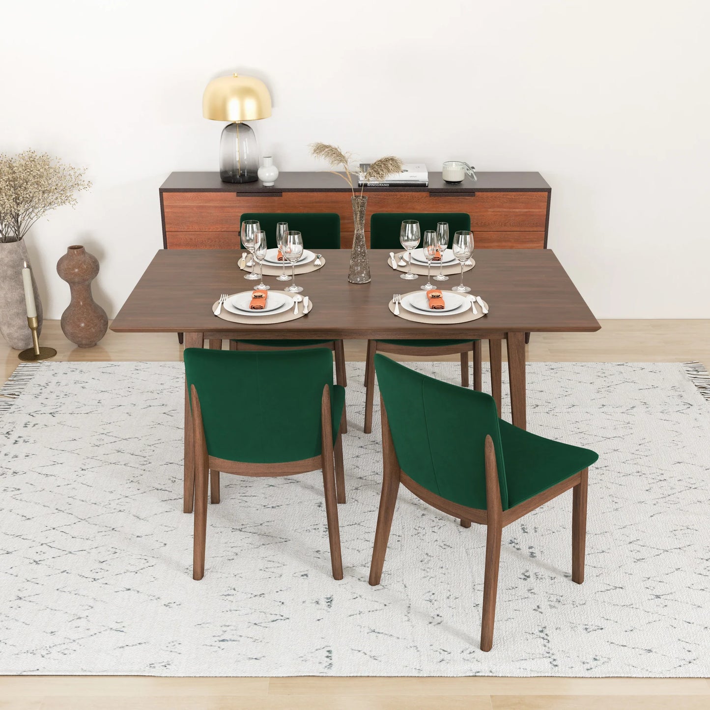 Alpine (Large - Walnut) Dining Set with 4 Virginia (Green Velvet) Dining Chairs