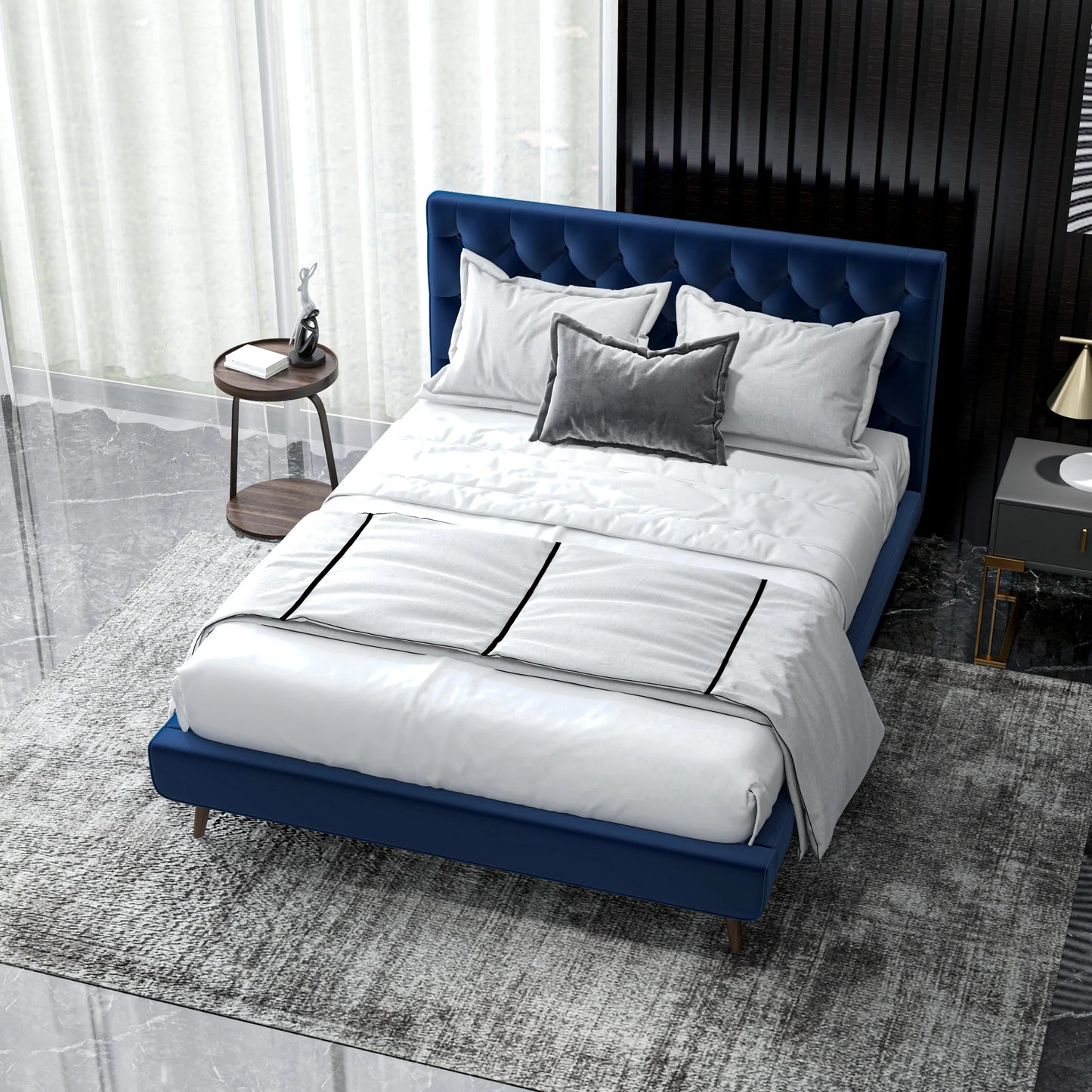 Ashley Platform Bed - Navy Blue Velvet