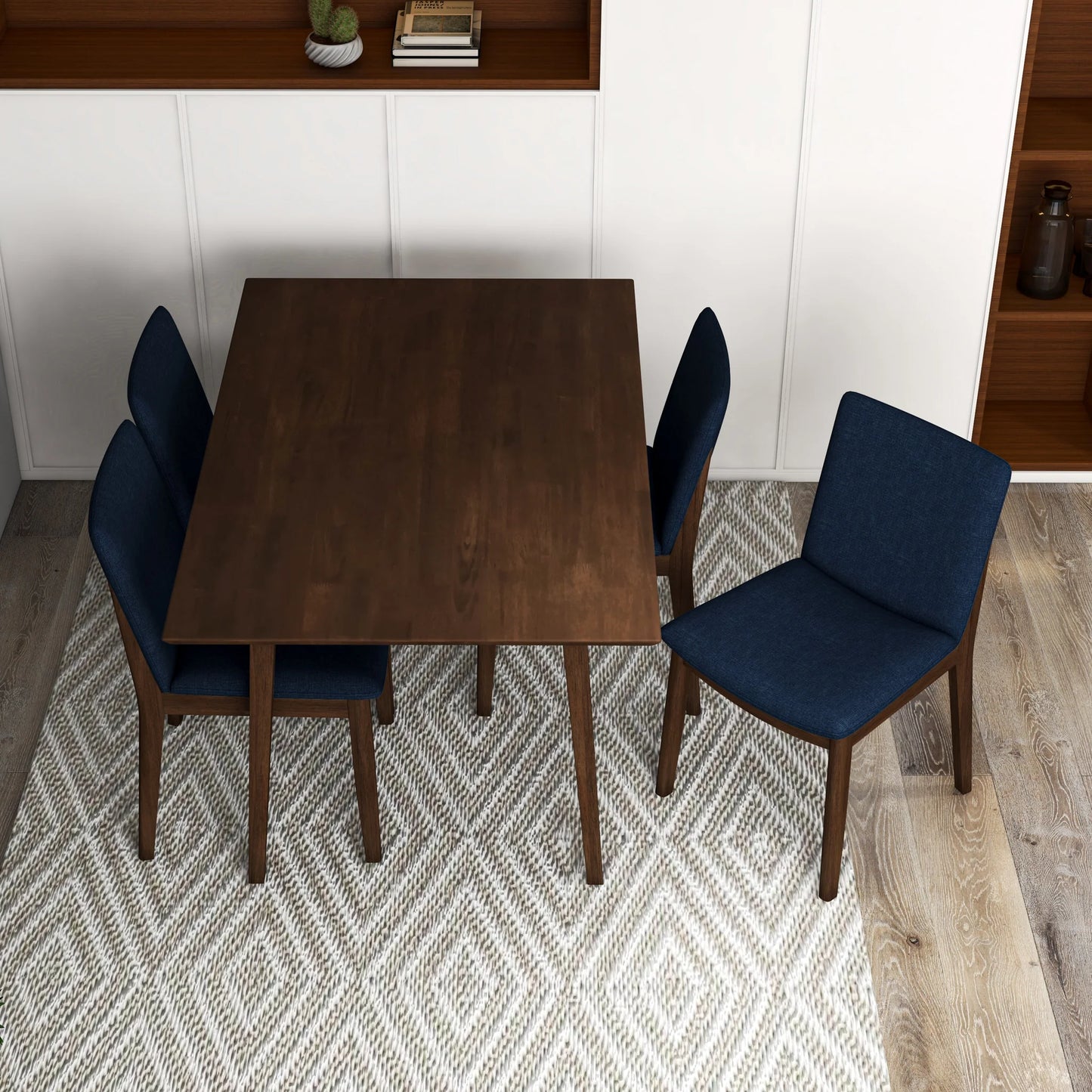 Adira (Small - Walnut) Dining Set with 4 Virginia (Dark Blue) Dining Chairs