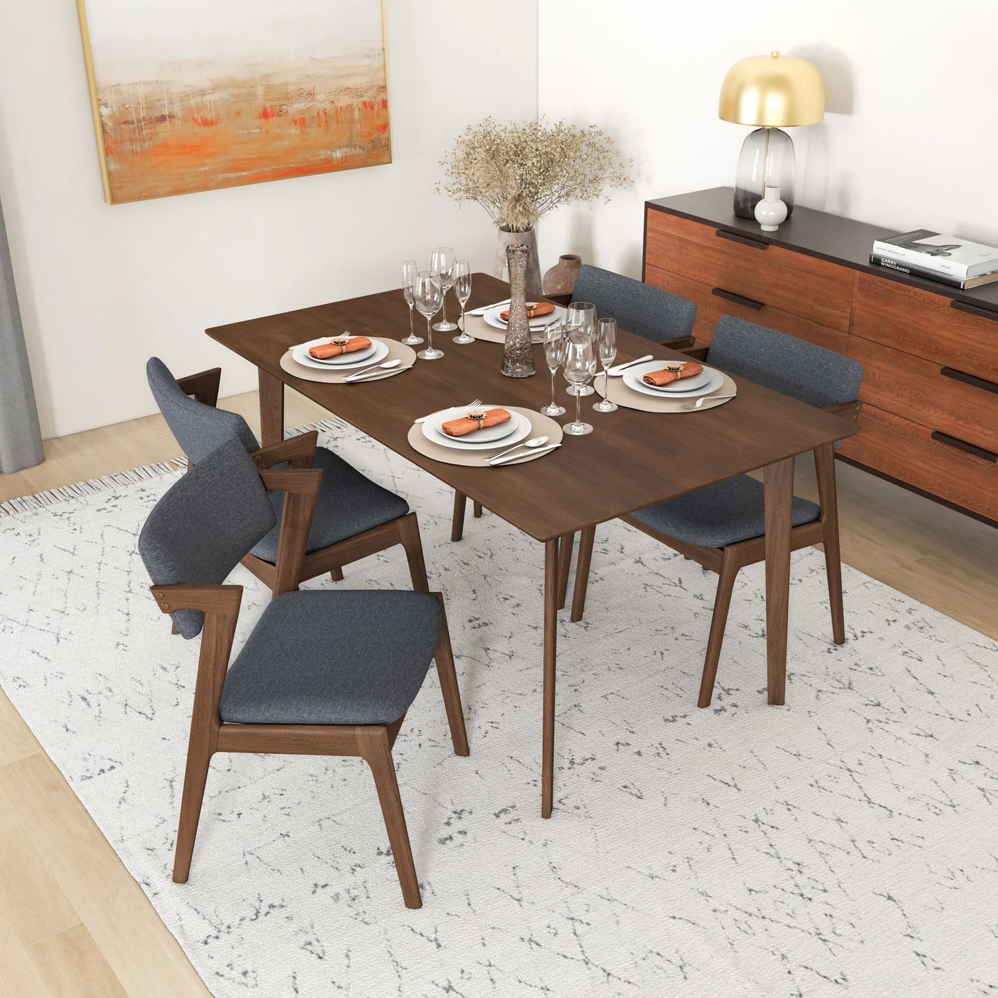 Abbott Large Walnut Dining Set with 4 Ricco Dark Gray Chairs