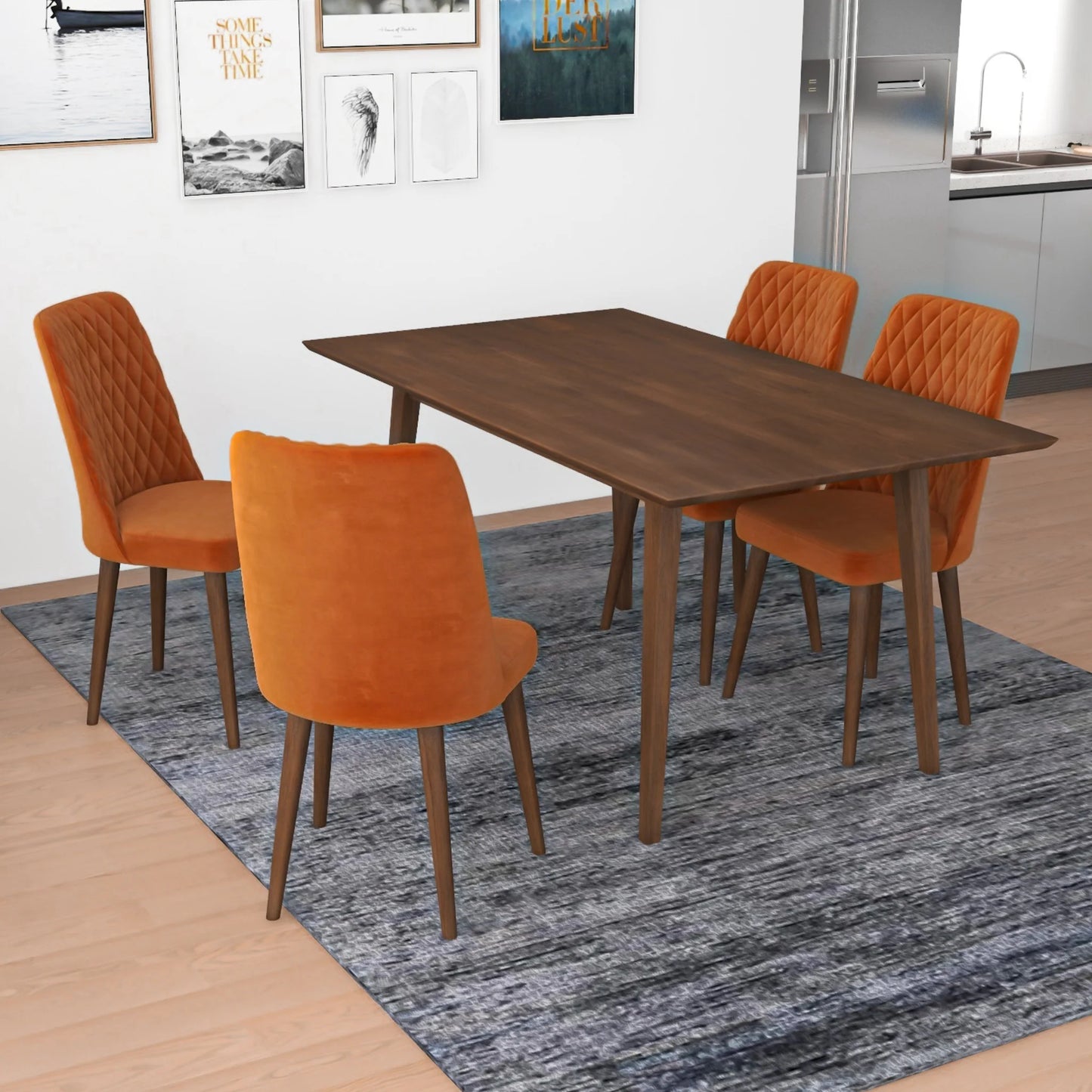 Alpine (Large - Walnut) Dining Set with 4 Evette (Orange Velvet) Dining Chairs