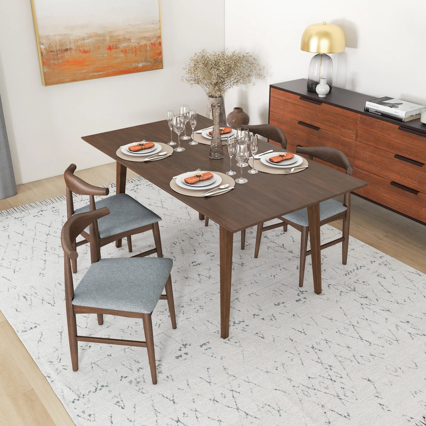 Alpine (Large - Walnut) Dining Set with 4 Winston (Gray) Dining Chairs