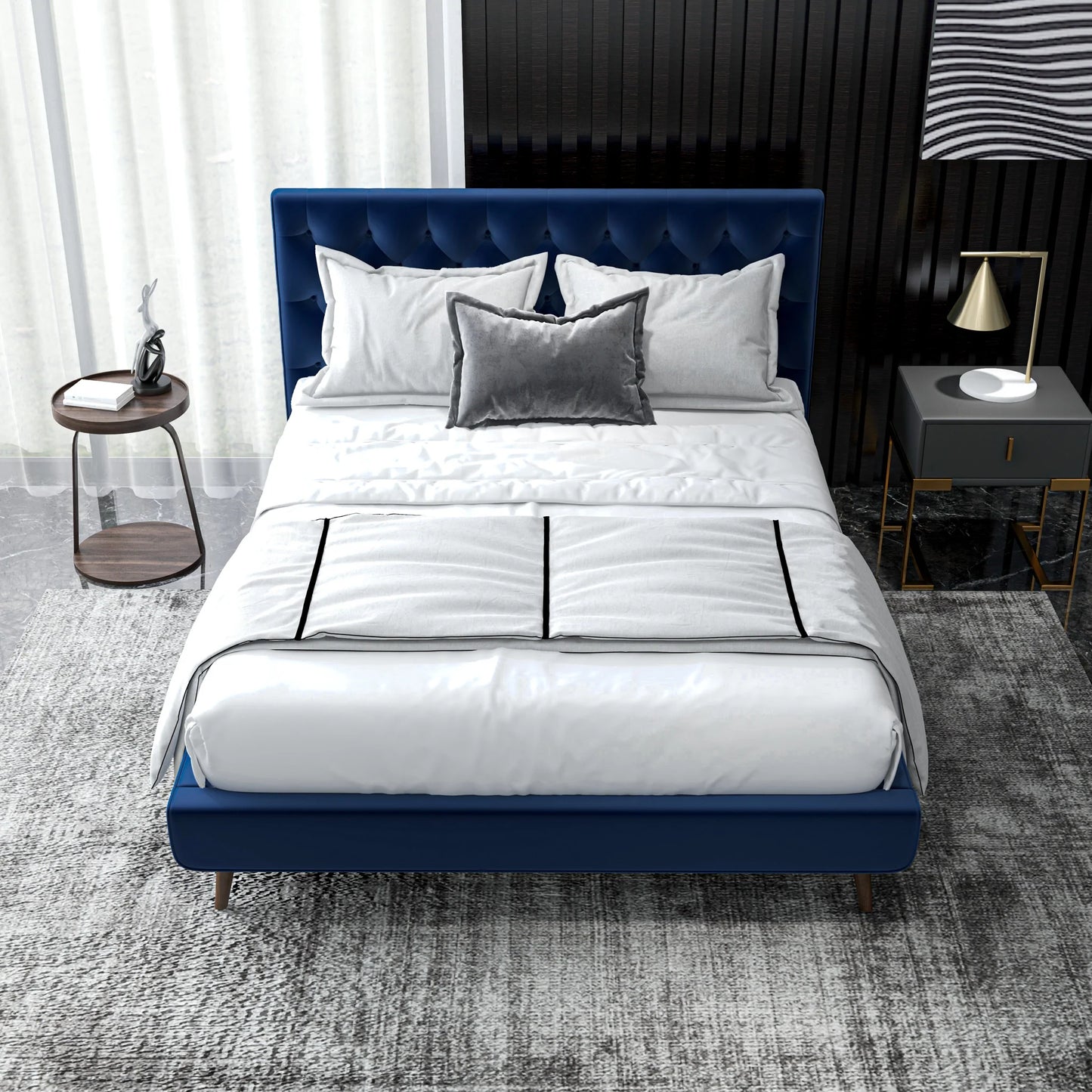 Ashley Platform Bed - Navy Blue Velvet