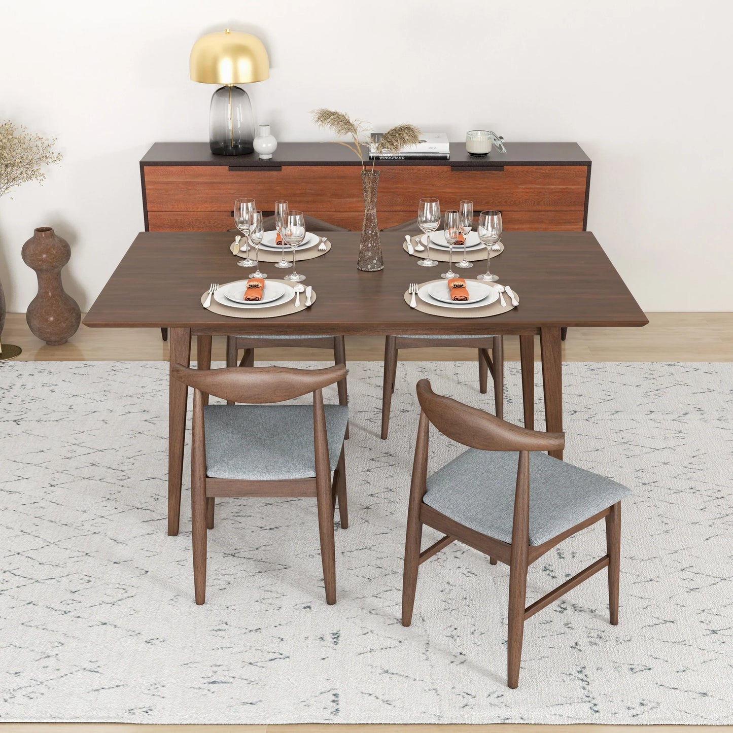 Alpine (Large - Walnut) Dining Set with 4 Winston (Gray) Dining Chairs