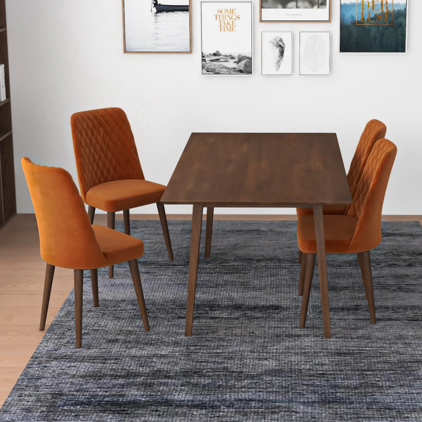 Alpine (Large - Walnut) Dining Set with 4 Evette (Orange Velvet) Dining Chairs