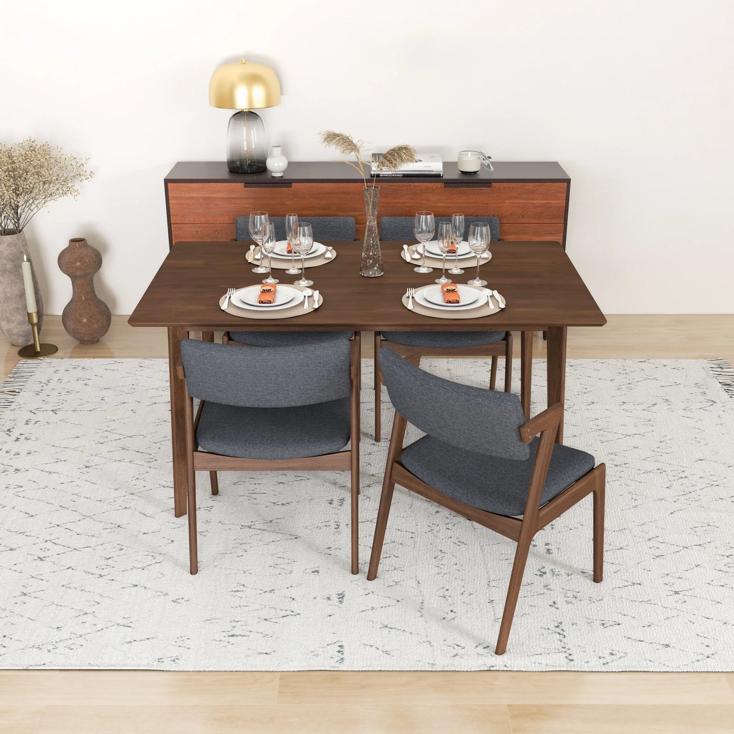 Abbott Large Walnut Dining Set with 4 Ricco Dark Gray Chairs