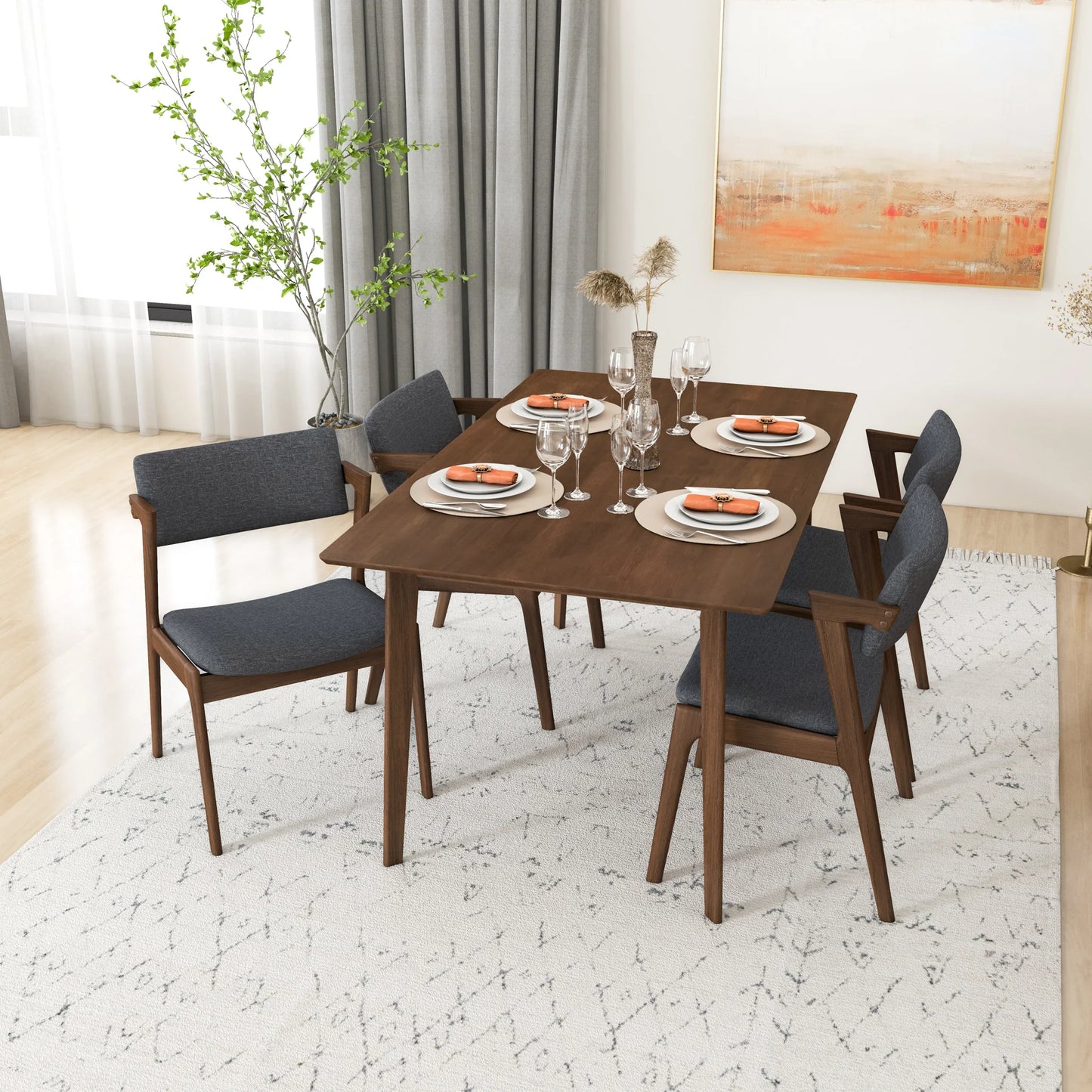 Abbott Large Walnut Dining Set with 4 Ricco Dark Gray Chairs