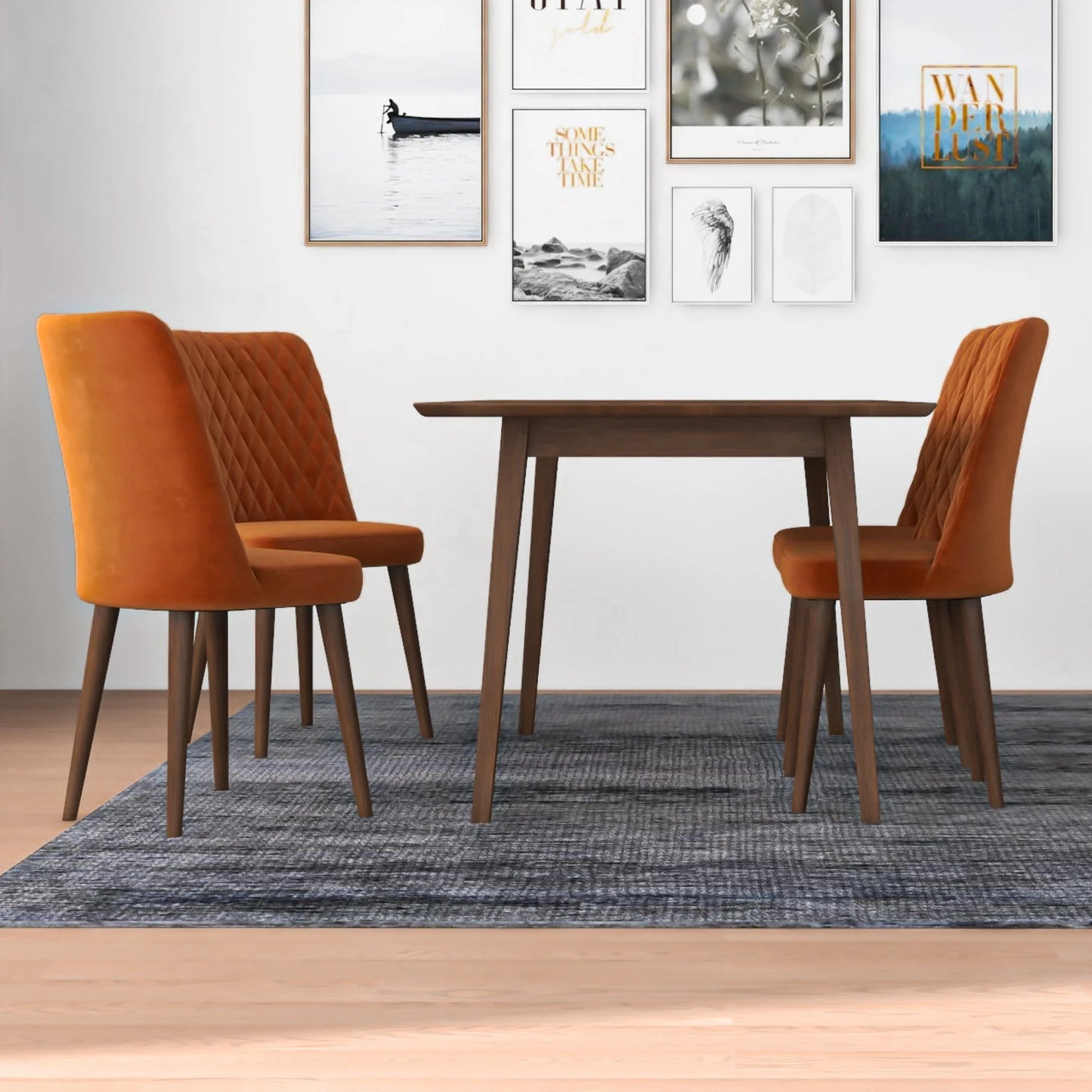 Alpine (Large - Walnut) Dining Set with 4 Evette (Orange Velvet) Dining Chairs
