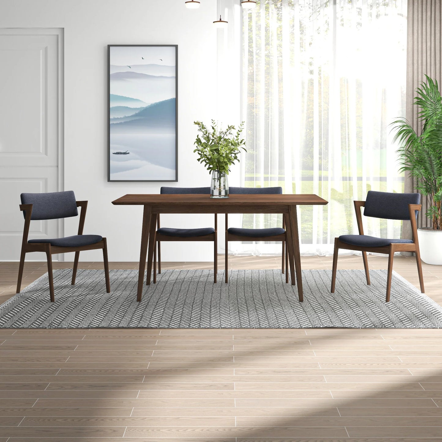 Adira Large Walnut Dining Set with 4 Ricco Dark Grey Dining Chairs