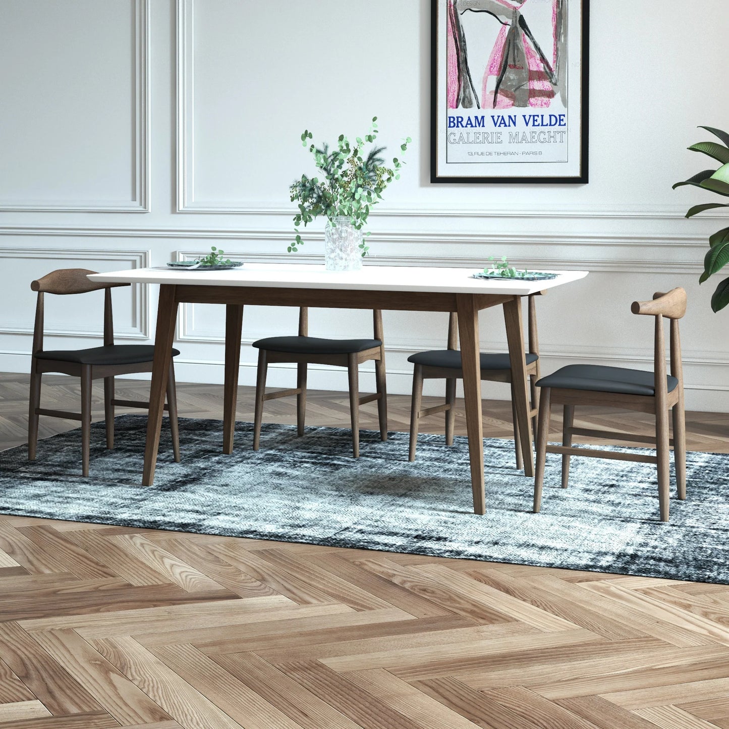 Adira (Large - White) Dining Set with 4 Winston (Black Leather) Dining Chairs