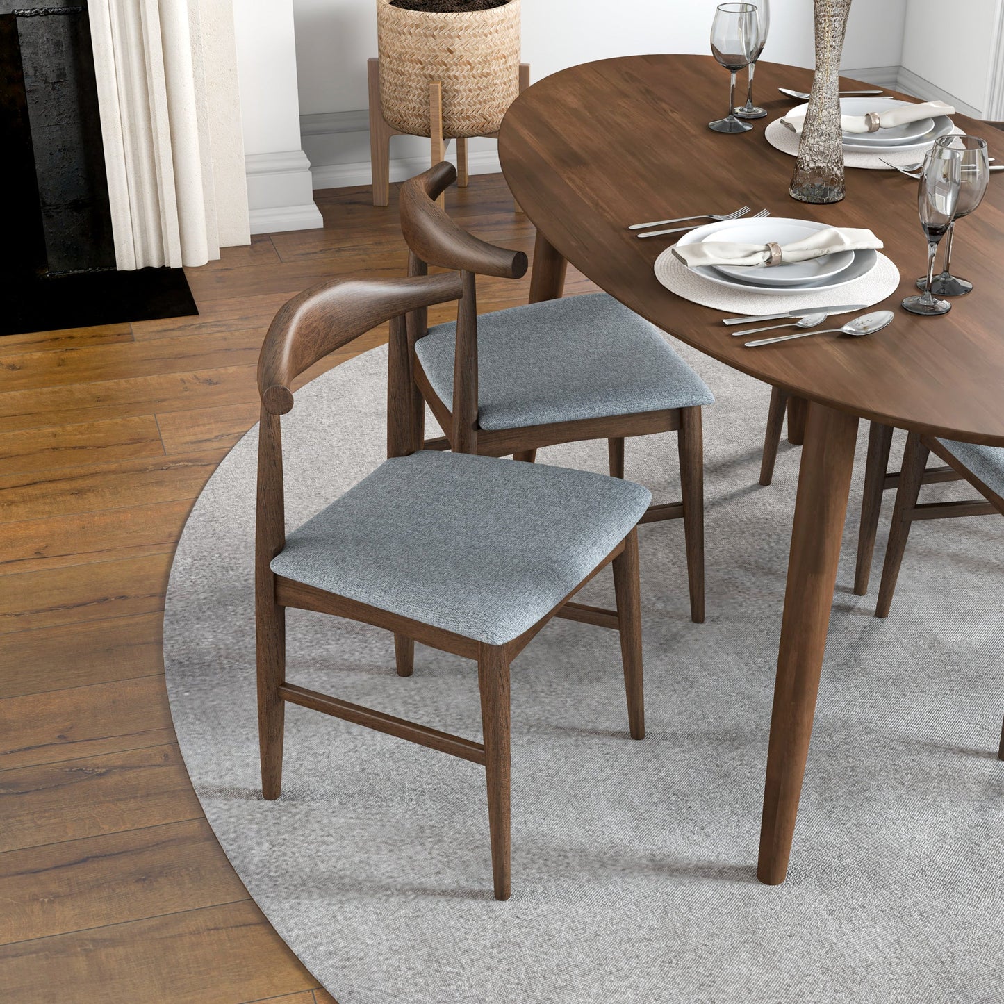 Rixos (Walnut) Oval Dining Set with 4 Winston (Grey) Dining Chairs