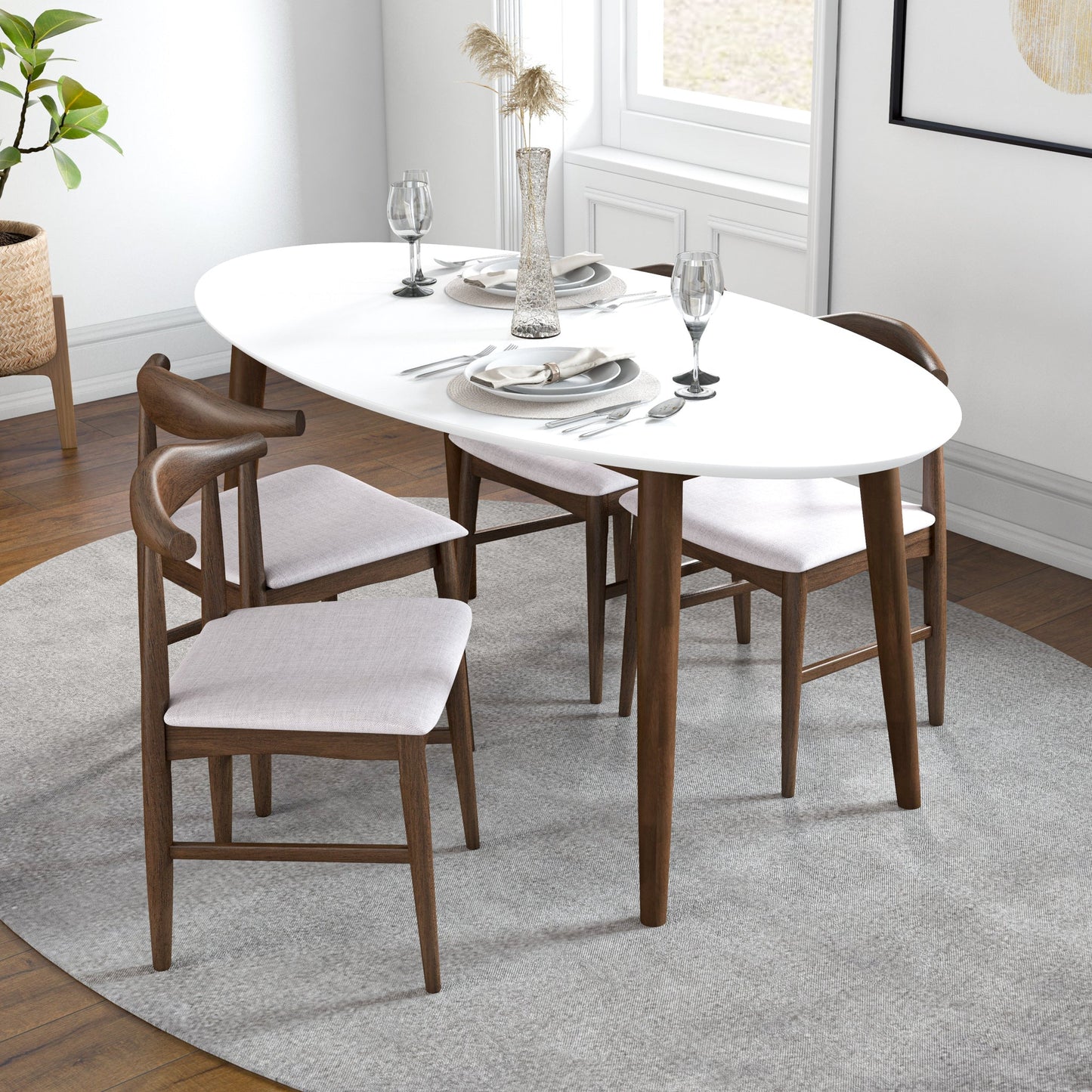 Rixos (White) Oval Dining Set with 4 Winston (Beige) Dining Chairs
