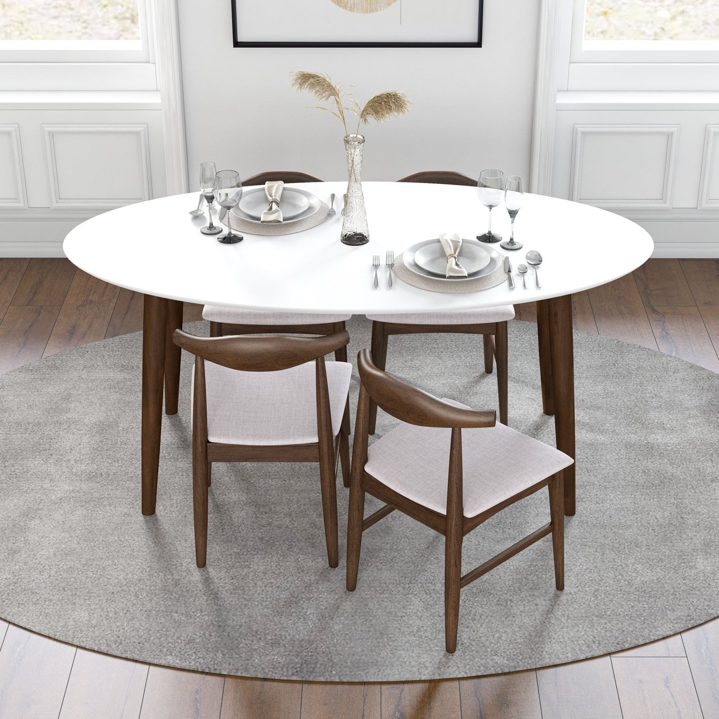 Rixos (White) Oval Dining Set with 4 Winston (Beige) Dining Chairs