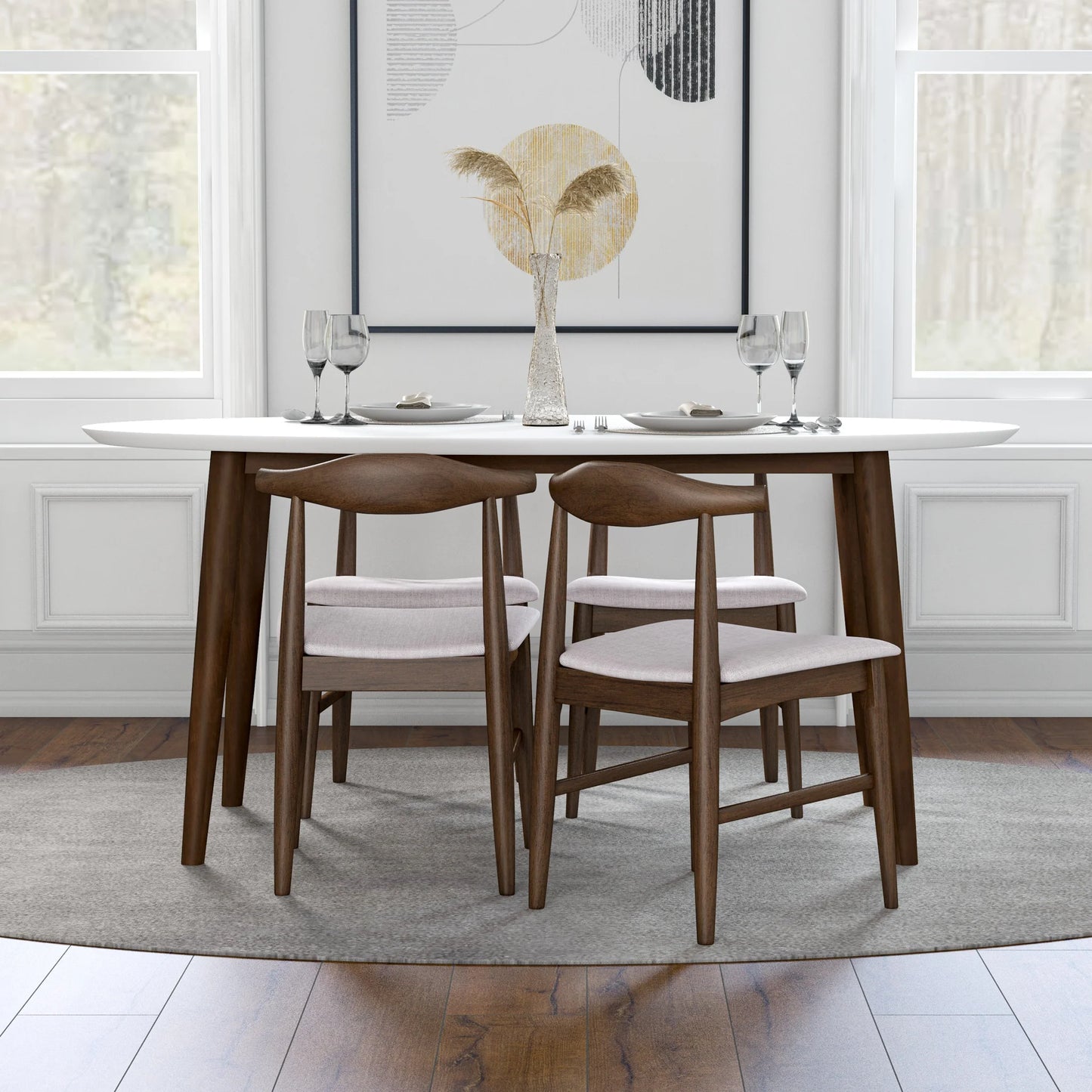 Rixos (White) Oval Dining Set with 4 Winston (Beige) Dining Chairs