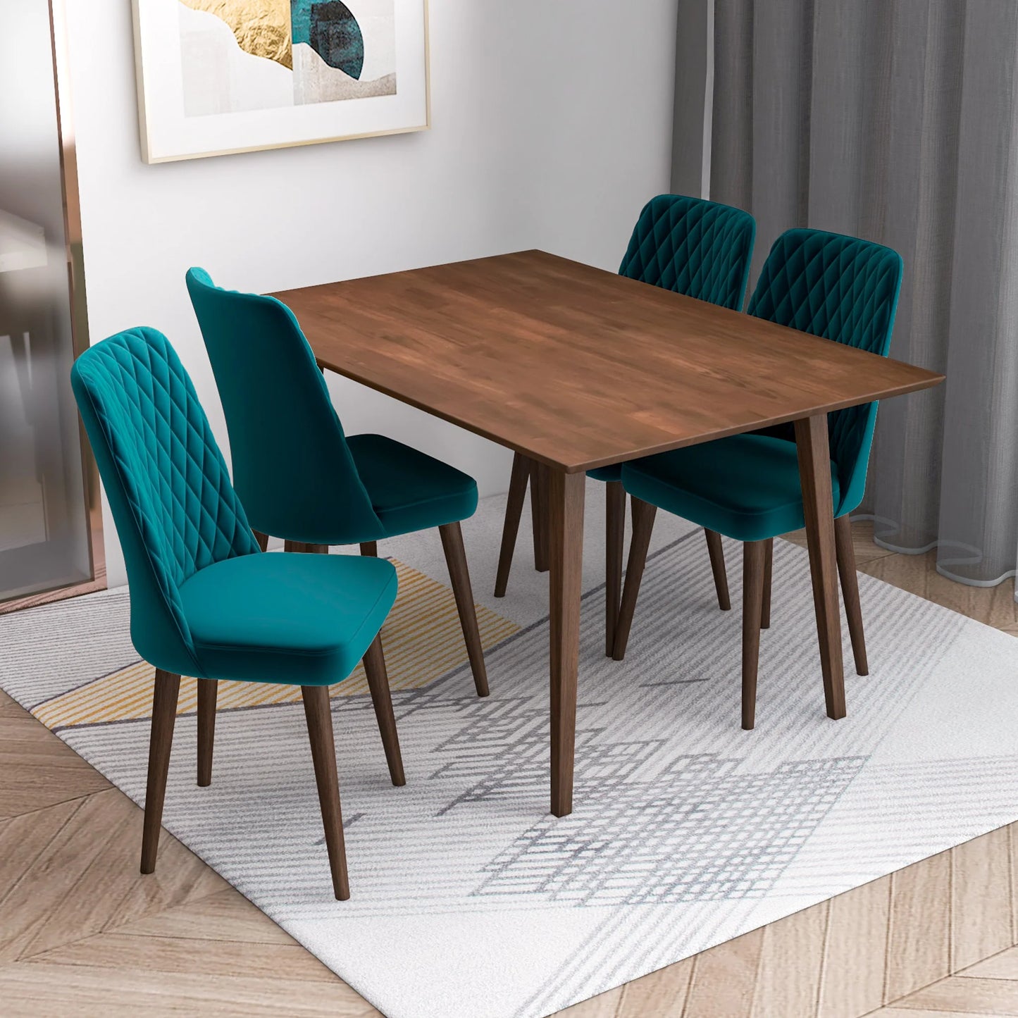 Alpine (Small - Walnut) Dining Set with 4 Evette (Teal Velvet) Dining Chairs