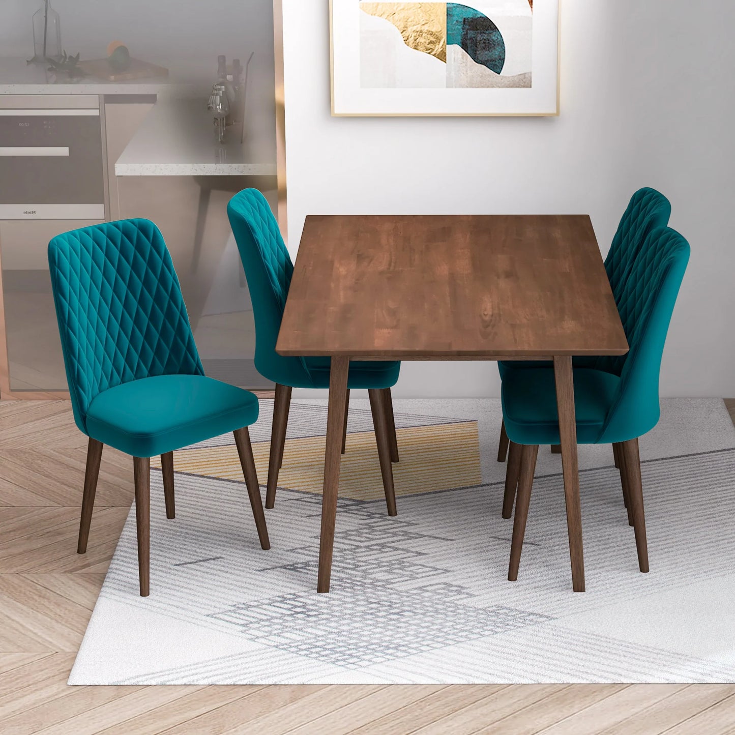 Alpine (Small - Walnut) Dining Set with 4 Evette (Teal Velvet) Dining Chairs
