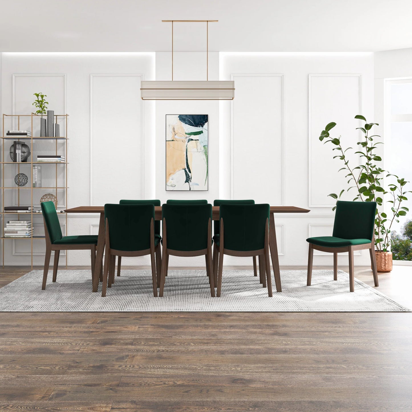 Adira (XLarge - Walnut) Dining Set with 8 Virginia (Green Velvet) Dining Chairs