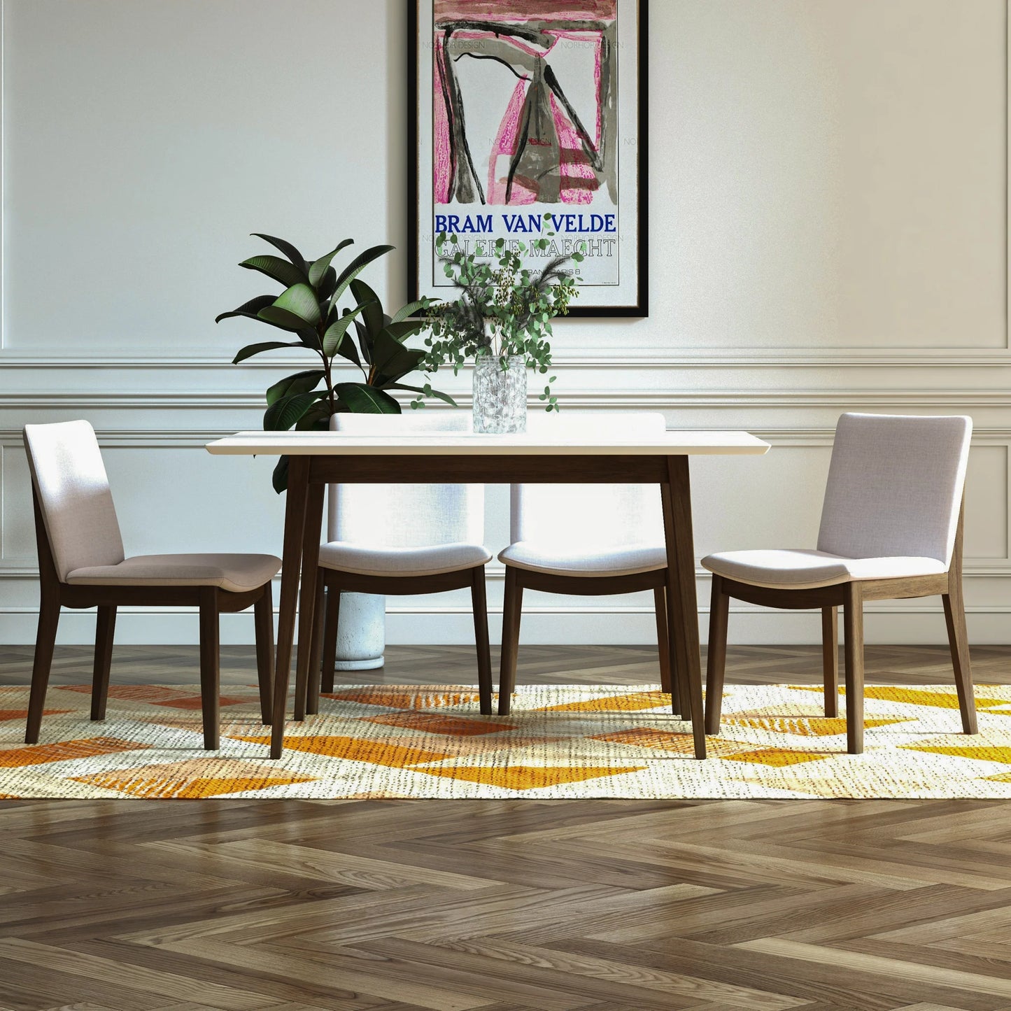 Adira (Small - White) Dining Set with 4 Virginia (Beige) Dining Chairs