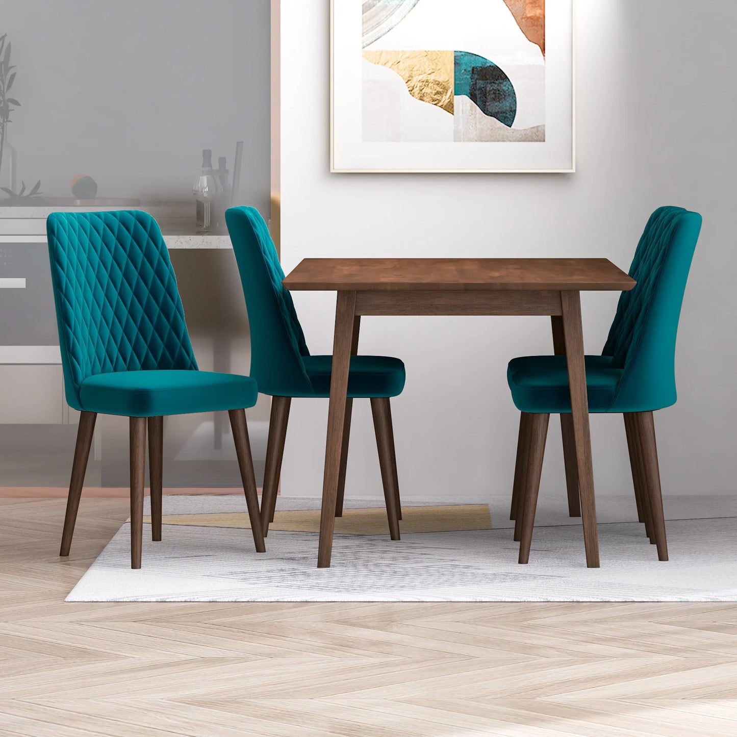 Alpine (Small - Walnut) Dining Set with 4 Evette (Teal Velvet) Dining Chairs