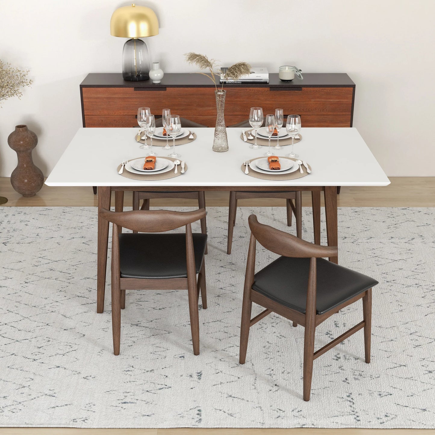 Dining Set Alpine Small White Top Table with 4 Winston Black Leather Chairs