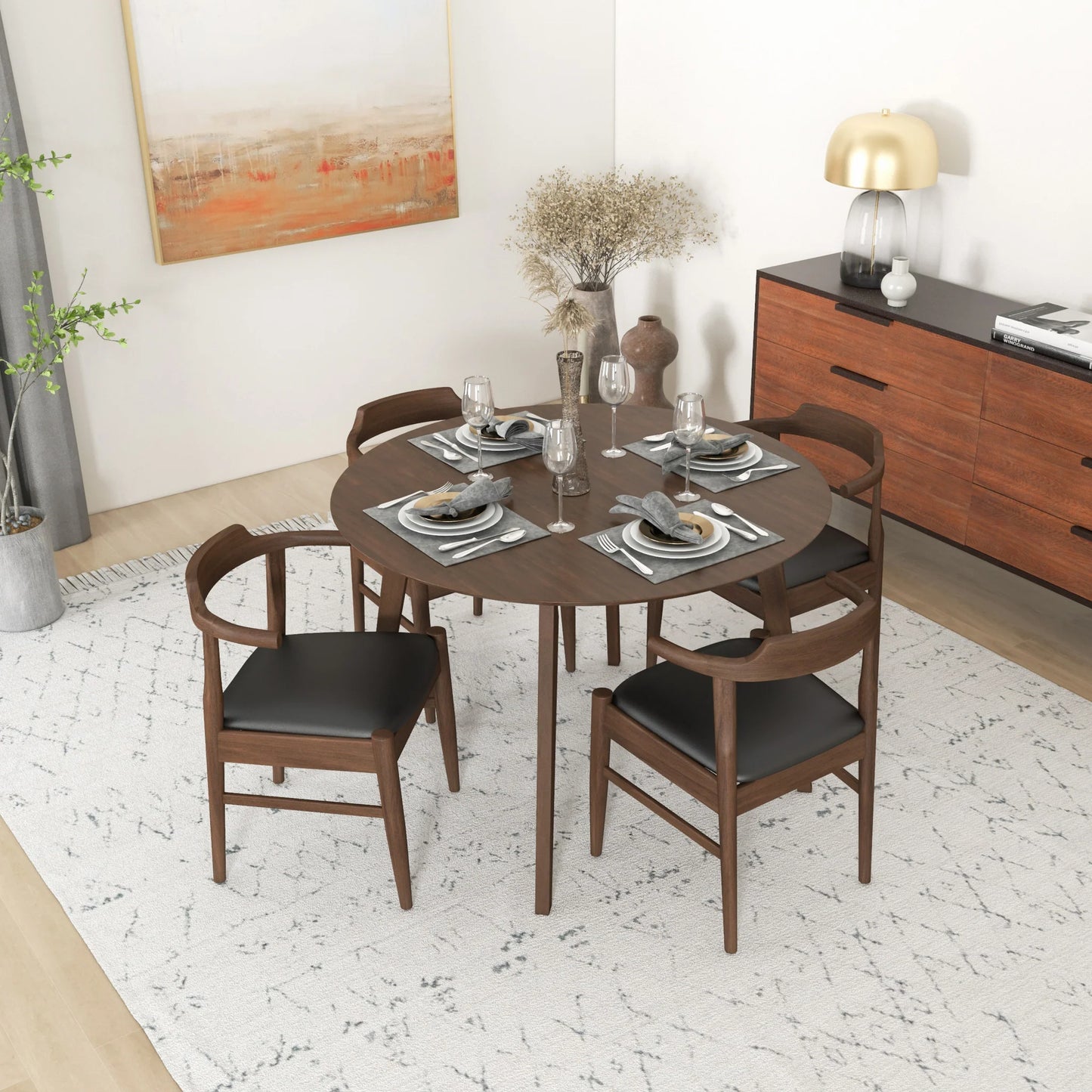 Aliana (Walnut) Dining Set with 4 Zola (Black Leather) Chairs