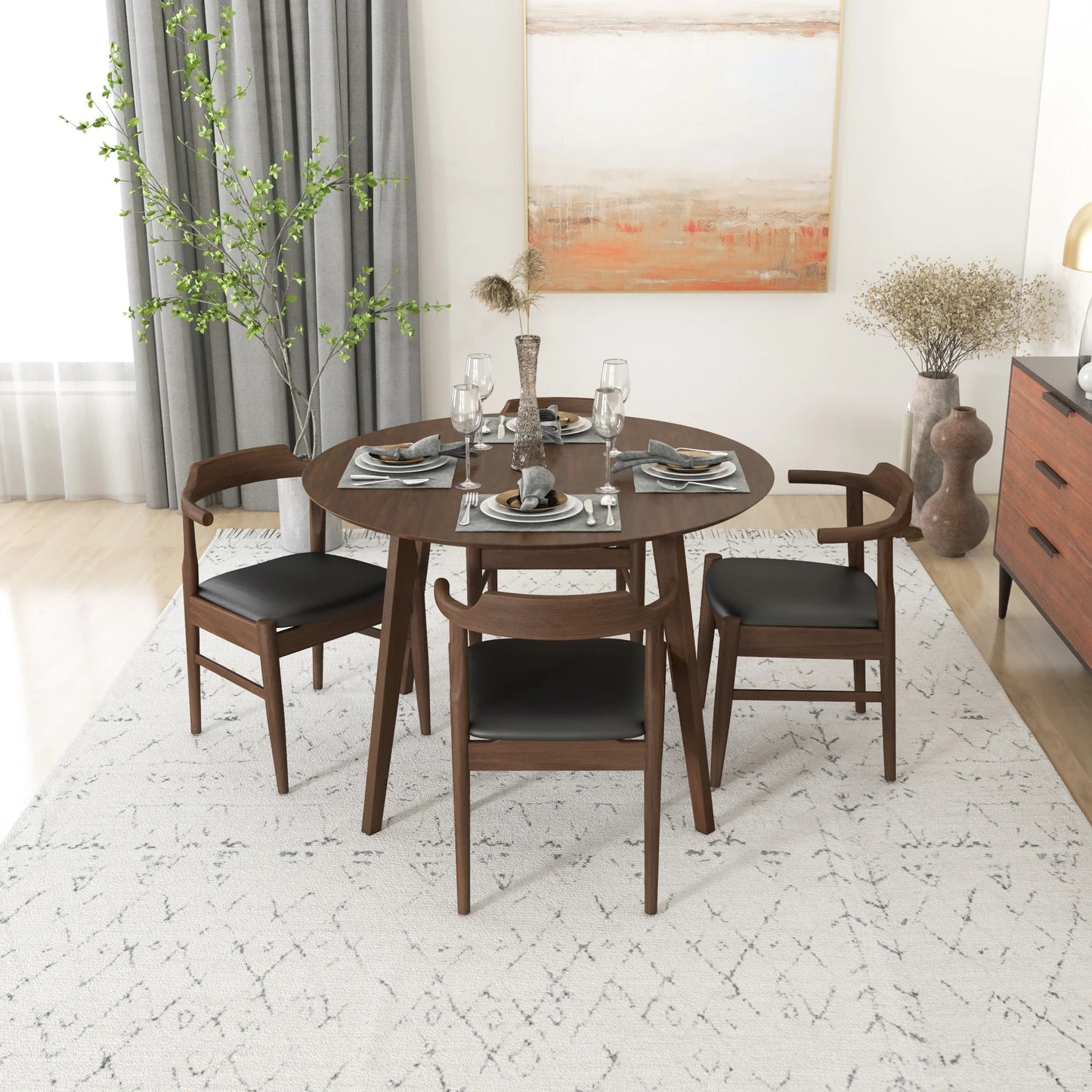 Aliana (Walnut) Dining Set with 4 Zola (Black Leather) Chairs