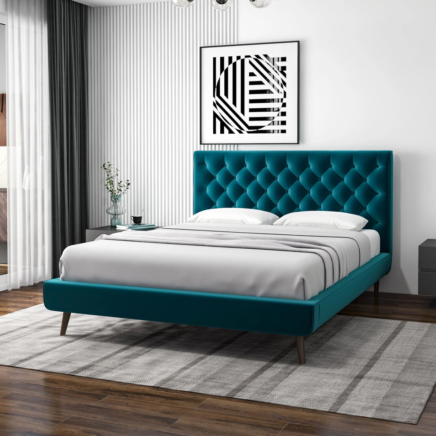 Ashley Platform Bed - Turquoise Velvet