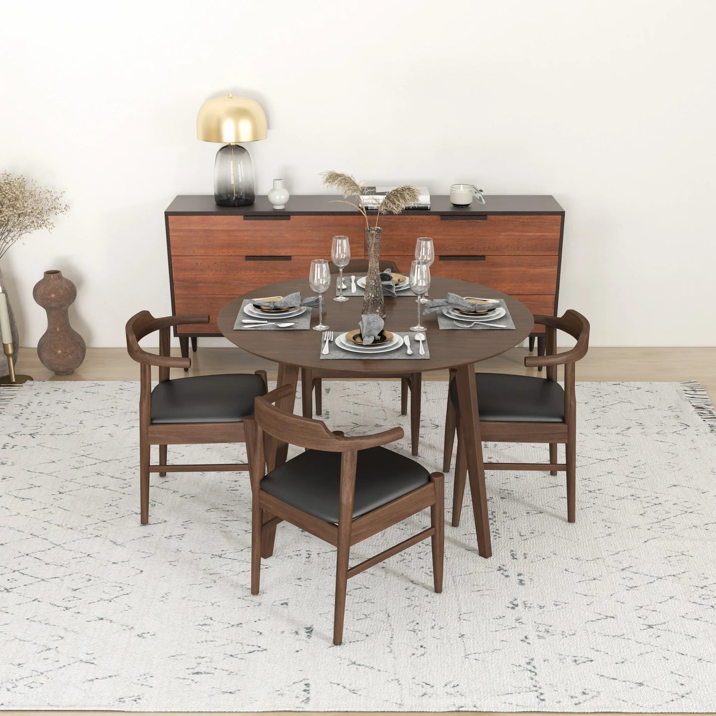 Aliana (Walnut) Dining Set with 4 Zola (Black Leather) Chairs
