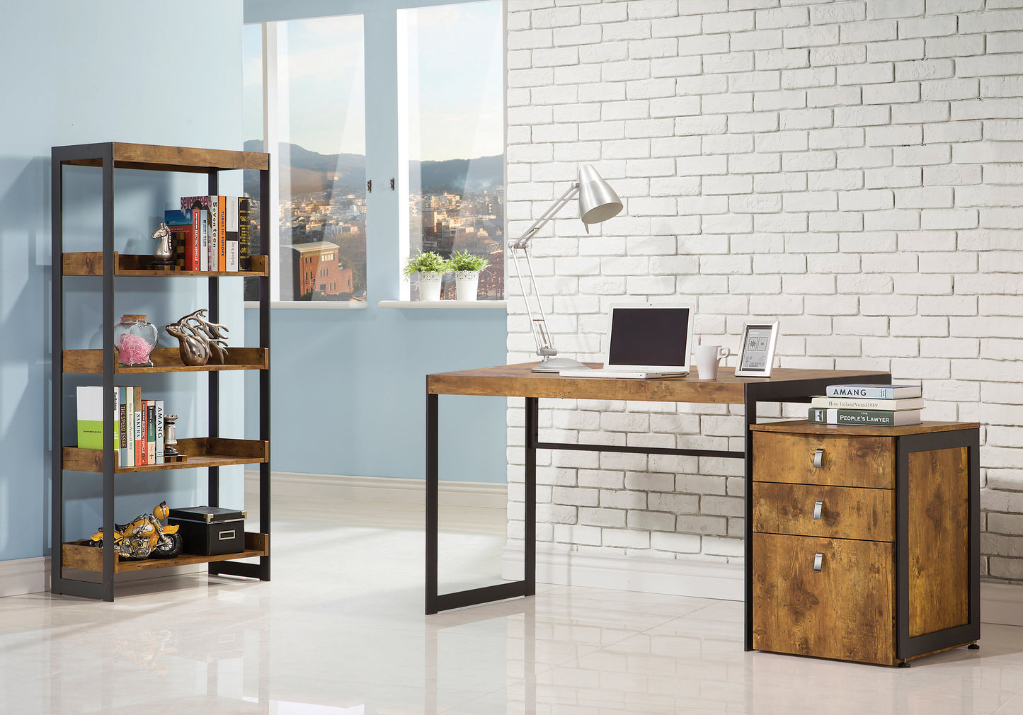 Estrella 3-Piece Rectangular Writing Desk Set Antique Nutmeg And Gunmetal - 800655-S3