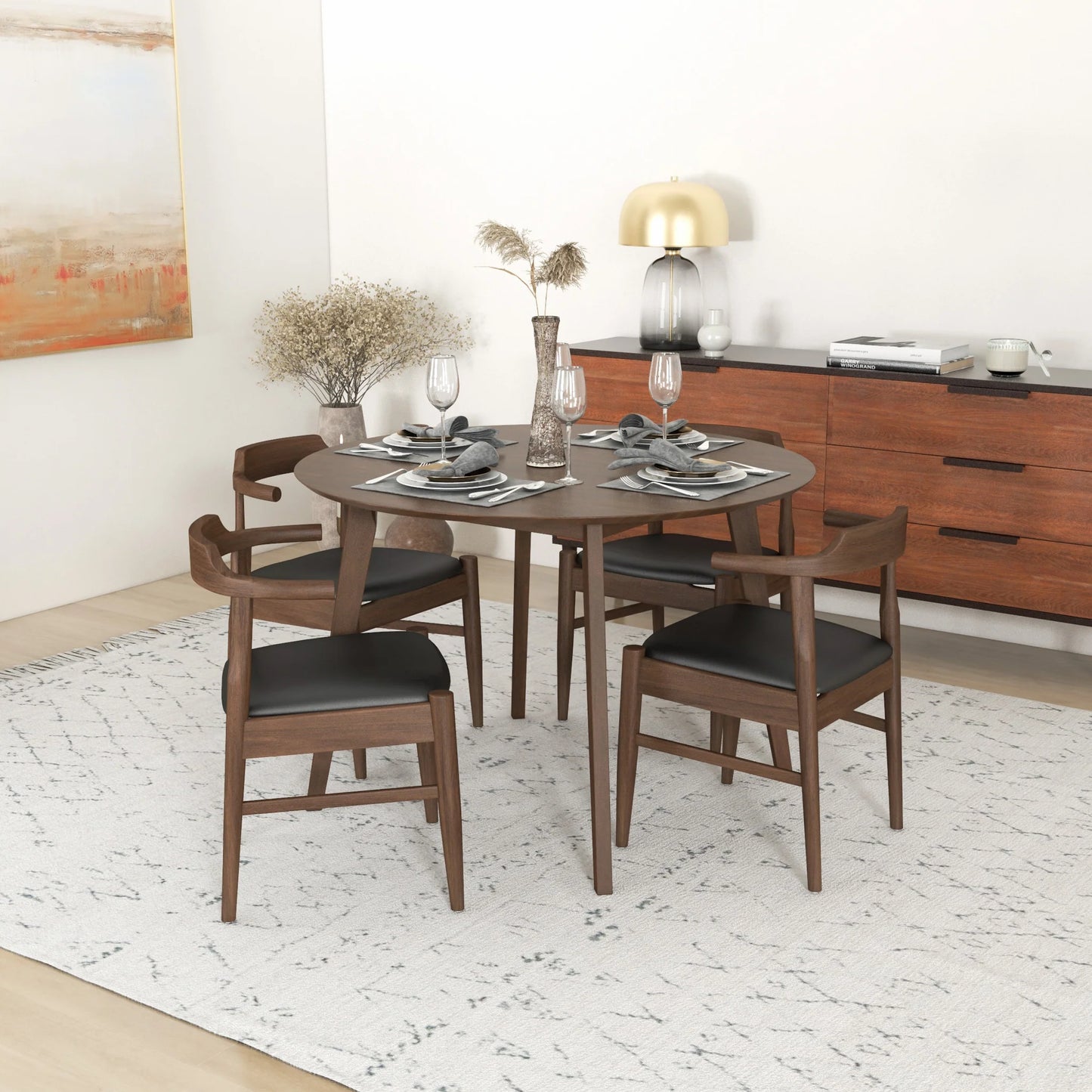 Aliana (Walnut) Dining Set with 4 Zola (Black Leather) Chairs