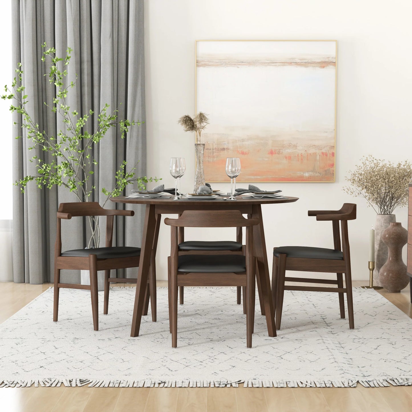 Aliana (Walnut) Dining Set with 4 Zola (Black Leather) Chairs
