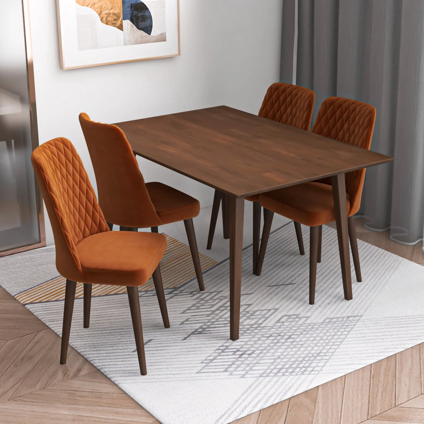 Alpine (Small - Walnut) Dining Set with 4 Evette (Orange Velvet) Dining Chairs